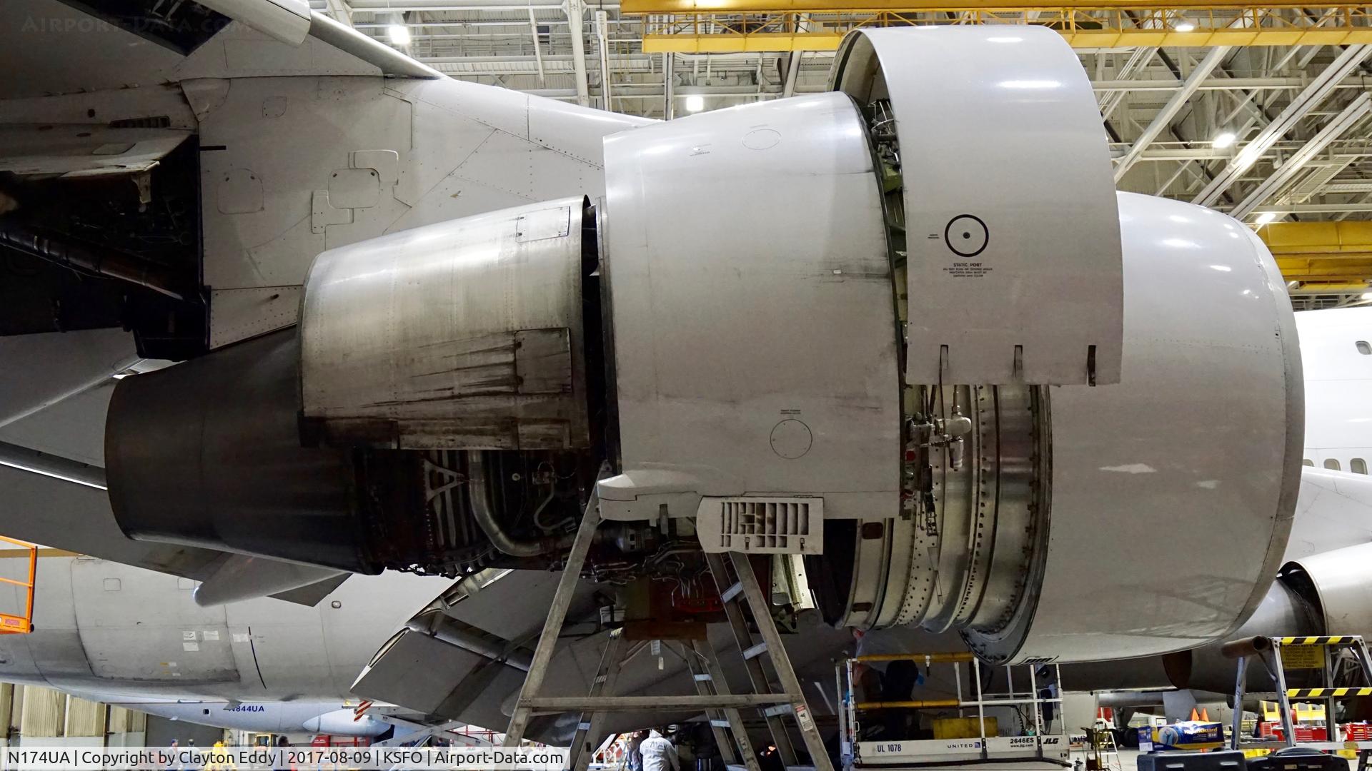 N174UA, 1990 Boeing 747-422 C/N 24381, Number 4 engine. SFO. 2017.