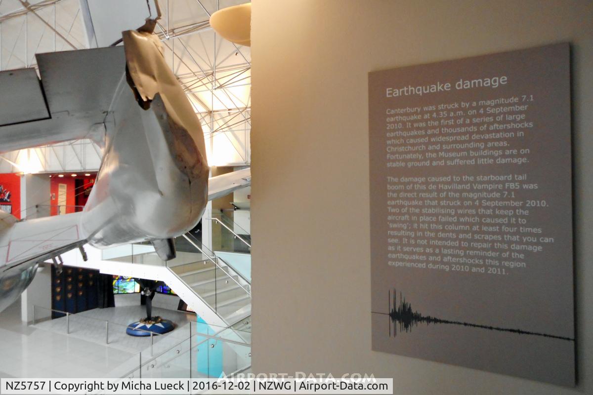 NZ5757, De Havilland DH-100 Vampire FB.5 C/N WA311, A reminder of the devastating earthquake in 2010 (at the Air Force Museum in Christchurch)
