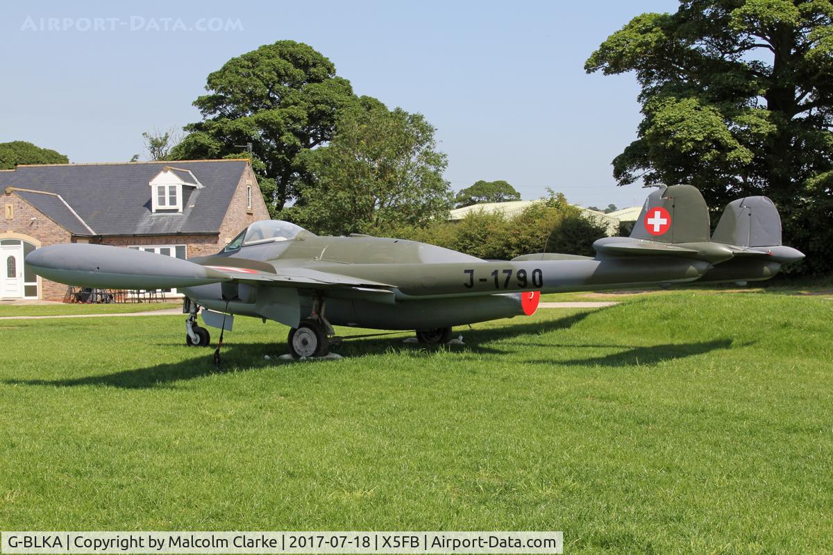 G-BLKA, 1957 De Havilland (F+W Emmen) DH-112 Venom FB.54 C/N 431, De Havilland (F+W Emmen) DH-112 Venom FB.54 at Fishburn Airfield UK. Now relocated to act as the airfield's gate guardian. July 18th 2017.