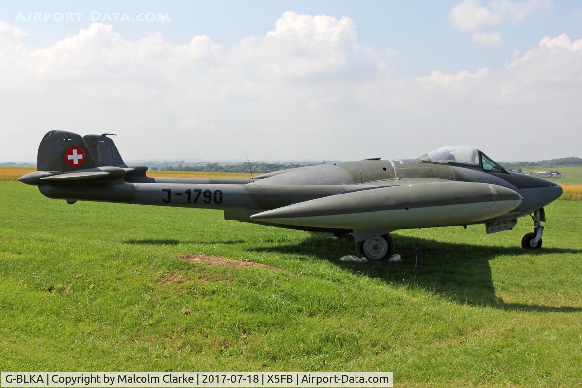 G-BLKA, 1957 De Havilland (F+W Emmen) DH-112 Venom FB.54 C/N 431, De Havilland (F+W Emmen) DH-112 Venom FB.54 at Fishburn Airfield UK. Now relocated to act as the airfield's gate guardian. July 18th 2017.