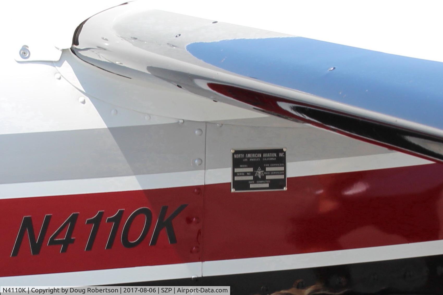 N4110K, 1947 North American Navion (NA-145) C/N NAV-4-1110, 1947 North American NAVION B SUPER 260, Lycoming GO-435-C2 260 Hp for 5 minutes, 240 Hp continuous, many mods. Cruise 165 mph, Max 174 mph, ceiling 18k, mfg data plate.