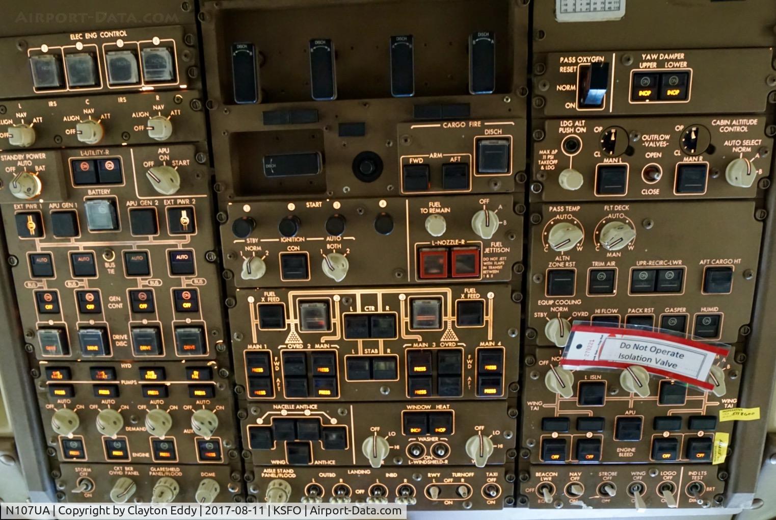 N107UA, 1998 Boeing 747-422 C/N 26900, Overhead panel. SFO. 2017.