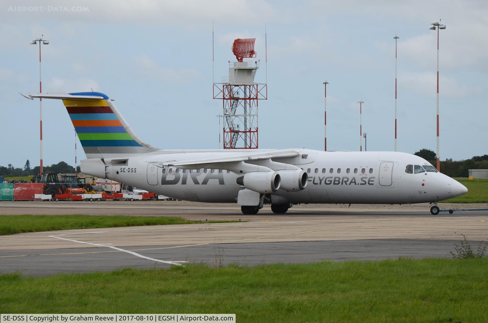 SE-DSS, 1994 British Aerospace Avro 146-RJ100 C/N E3245, Under tow at Norwich.