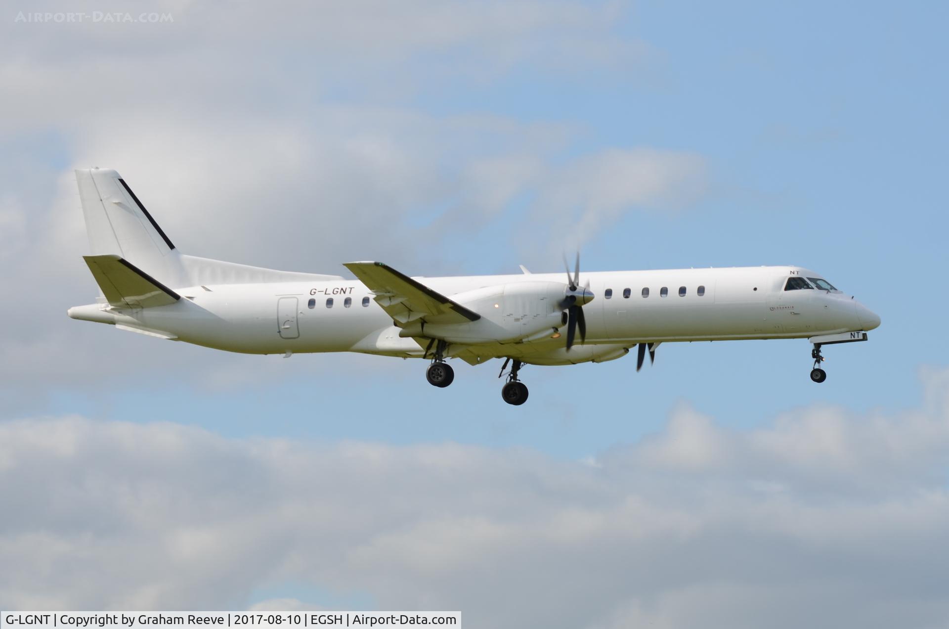 G-LGNT, 1996 Saab 2000 C/N 2000-039, Landing at Norwich.