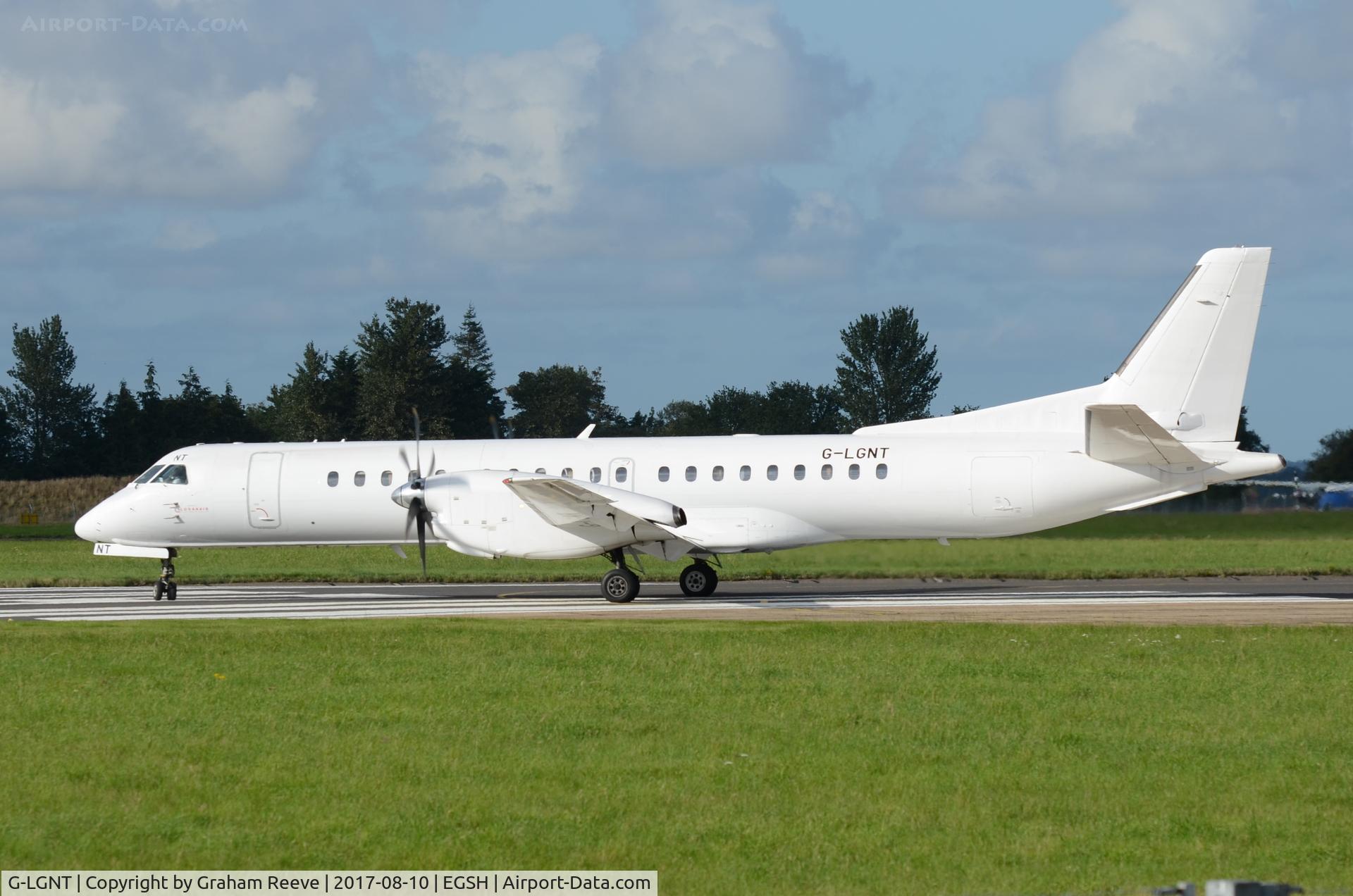 G-LGNT, 1996 Saab 2000 C/N 2000-039, About to depart from Norwich.