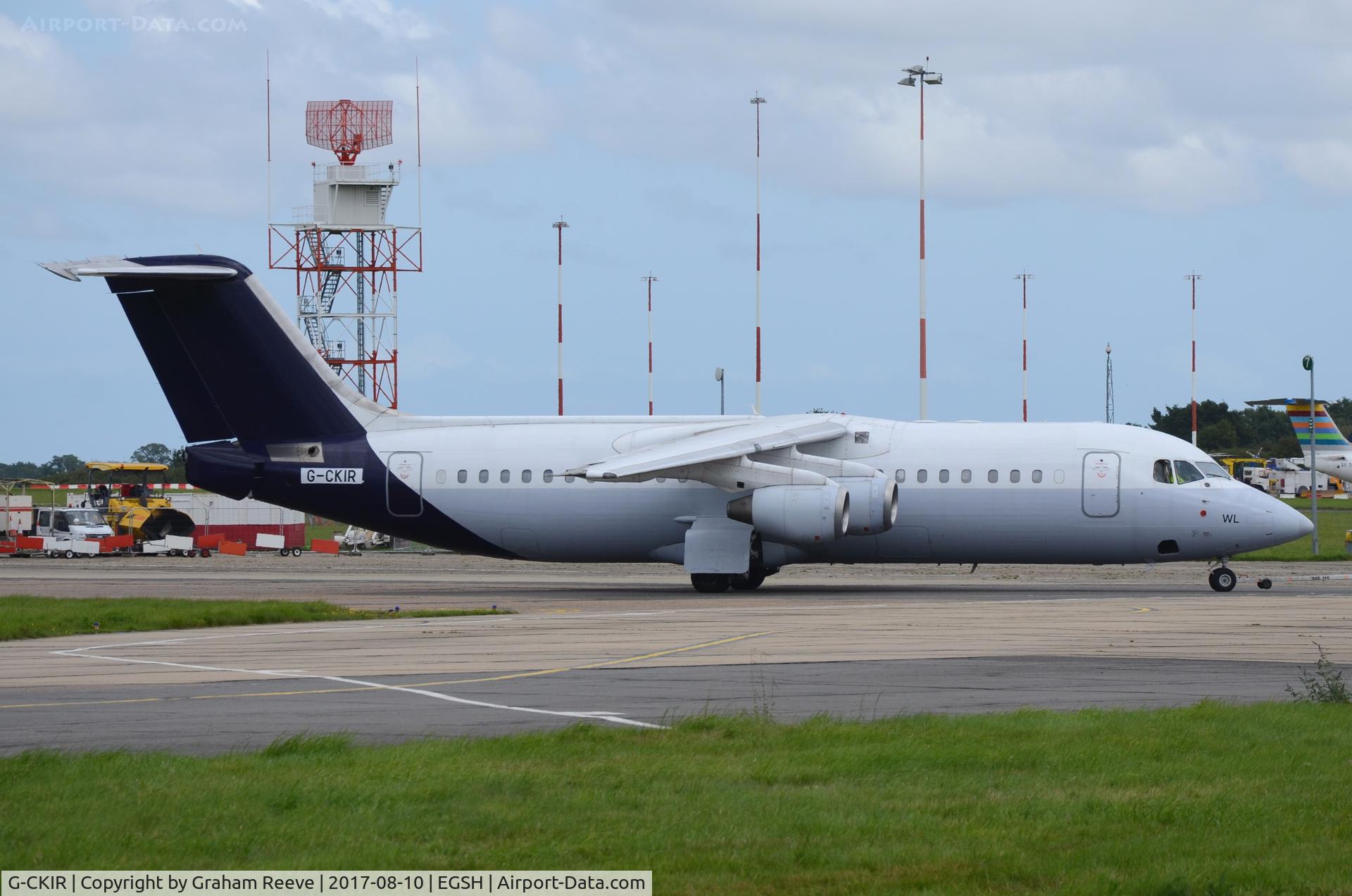 G-CKIR, 1999 British Aerospace Avro 146-RJ100 C/N E3361, Under tow at Norwich.