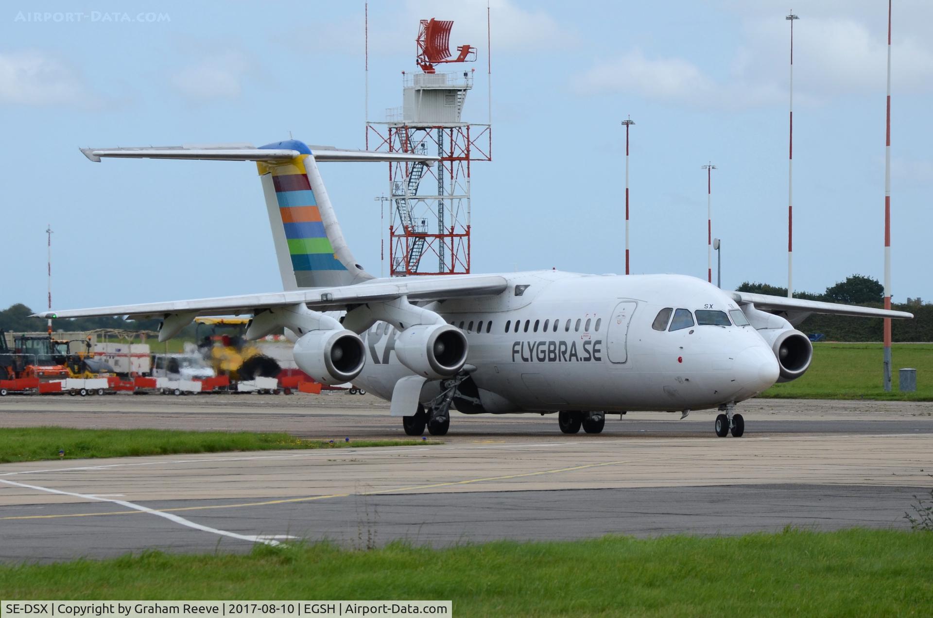 SE-DSX, 1994 British Aerospace Avro 146-RJ100 C/N E3255, About to depart from Norwich.