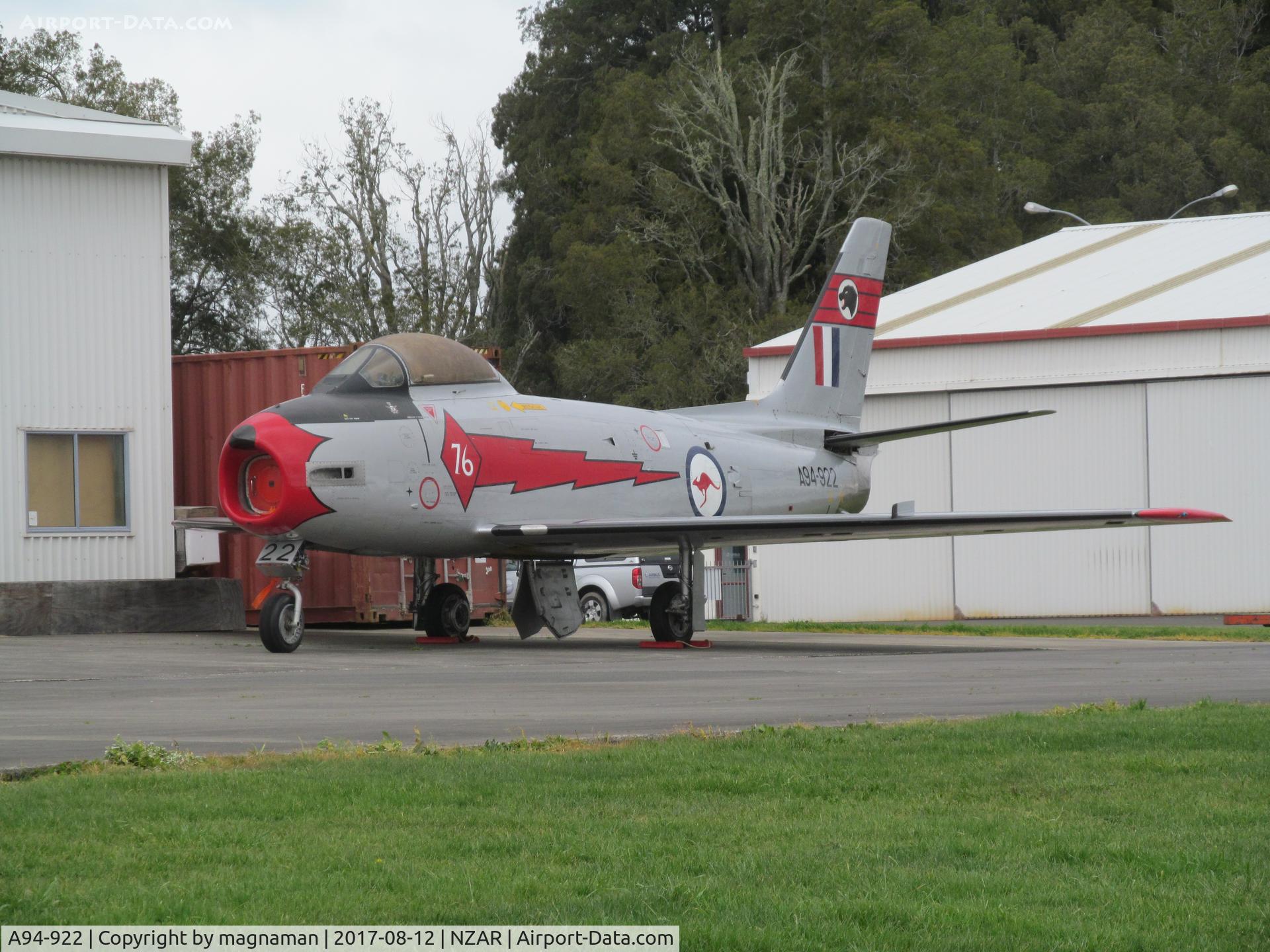 A94-922, 1955 Commonwealth CA-27 Sabre Mk.31 C/N CA27-22, ON apron at NZAR