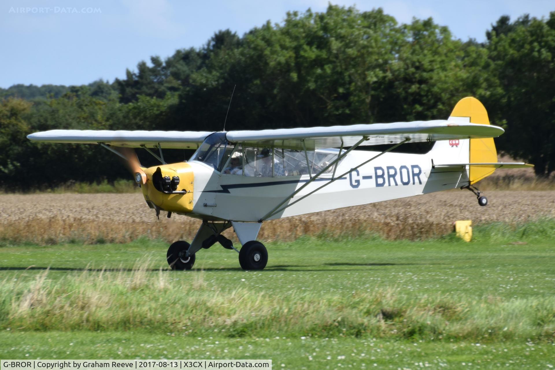 G-BROR, 1943 Piper L-4H Grasshopper (J3C-65D) C/N 10885, Departing from Northrepps.