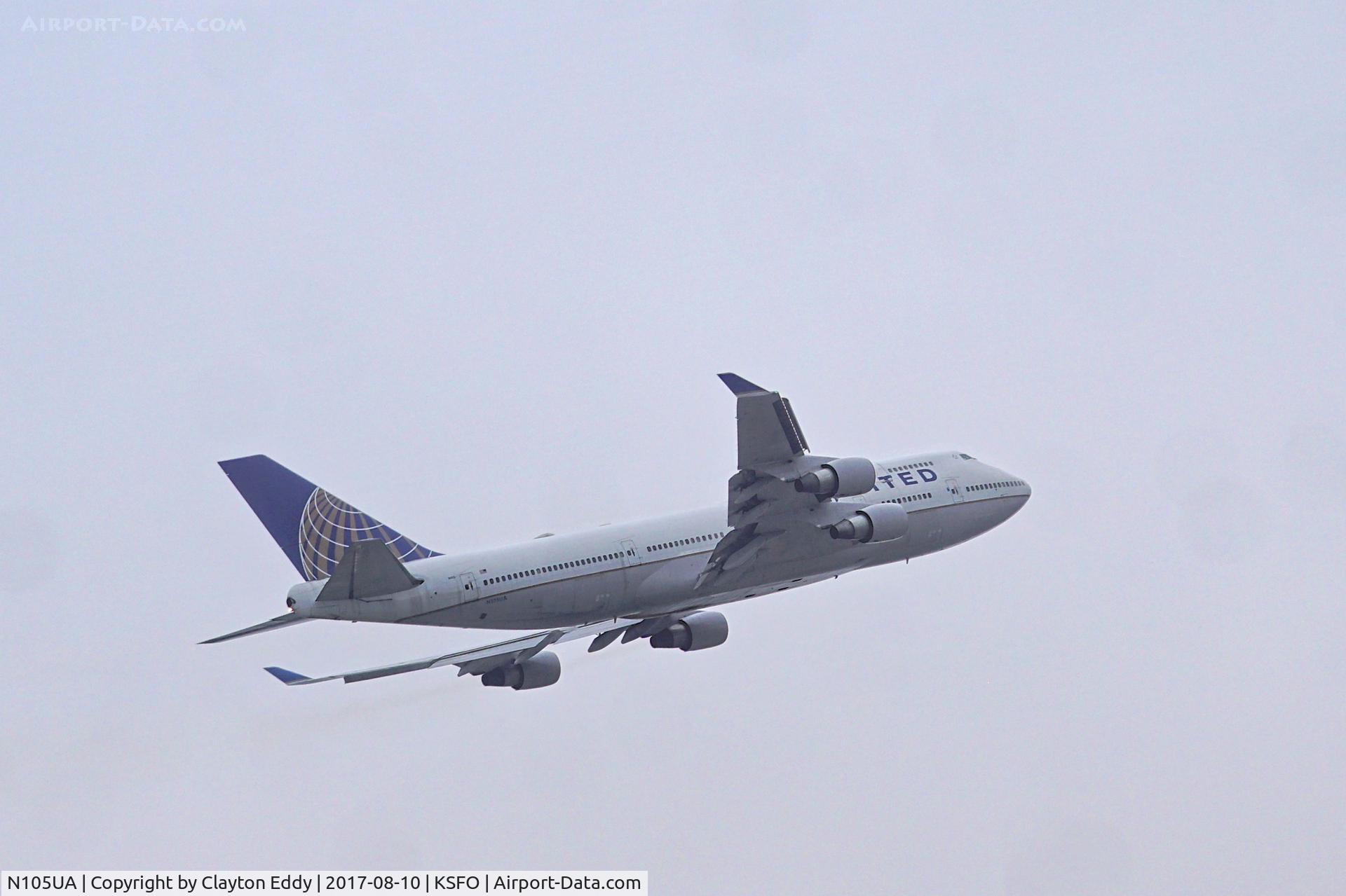 N105UA, 1994 Boeing 747-451 C/N 26473, Departing into the summer fog at SFO. 2017.