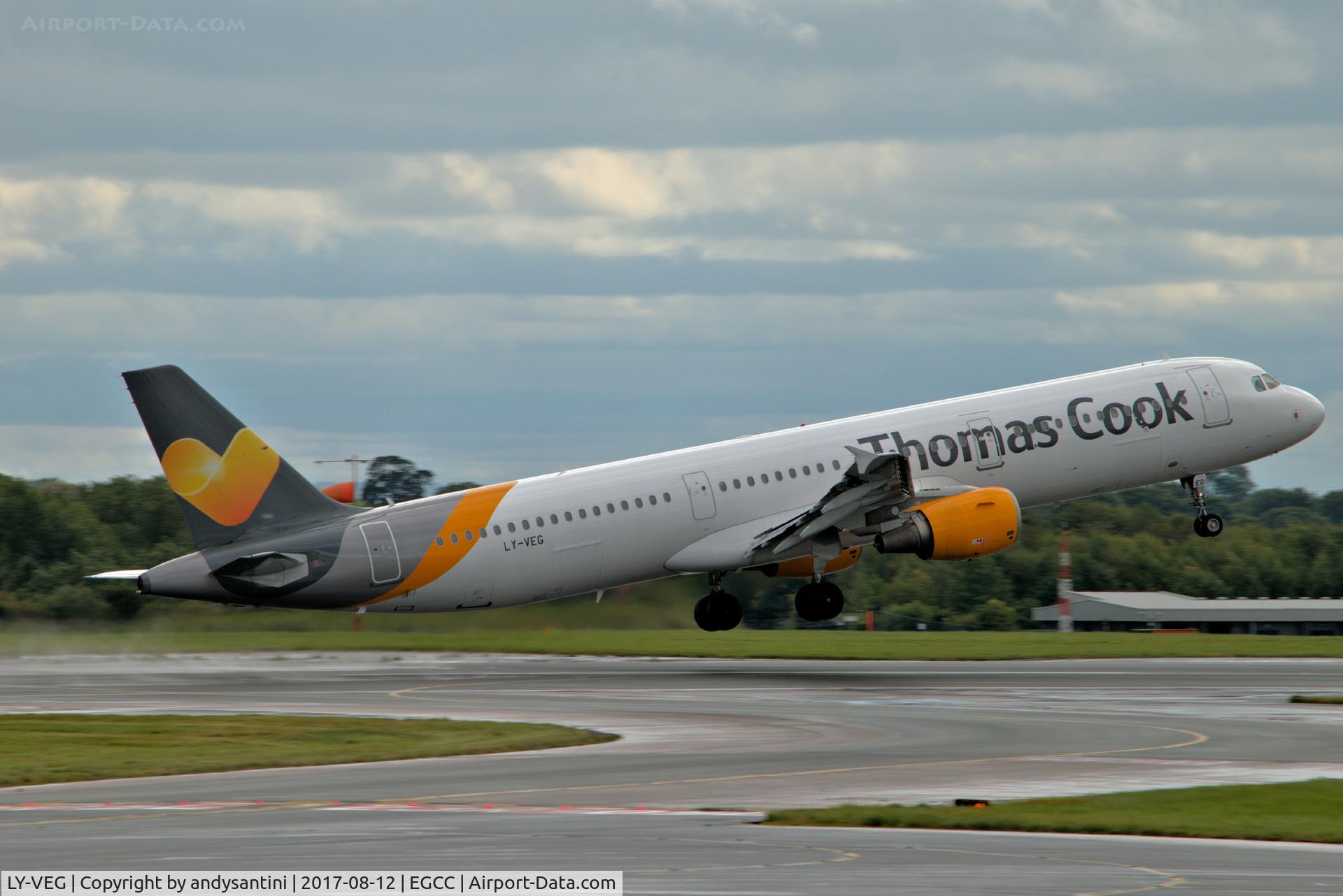 LY-VEG, 2003 Airbus A321-212 C/N 2115, just taken off from egcc uk