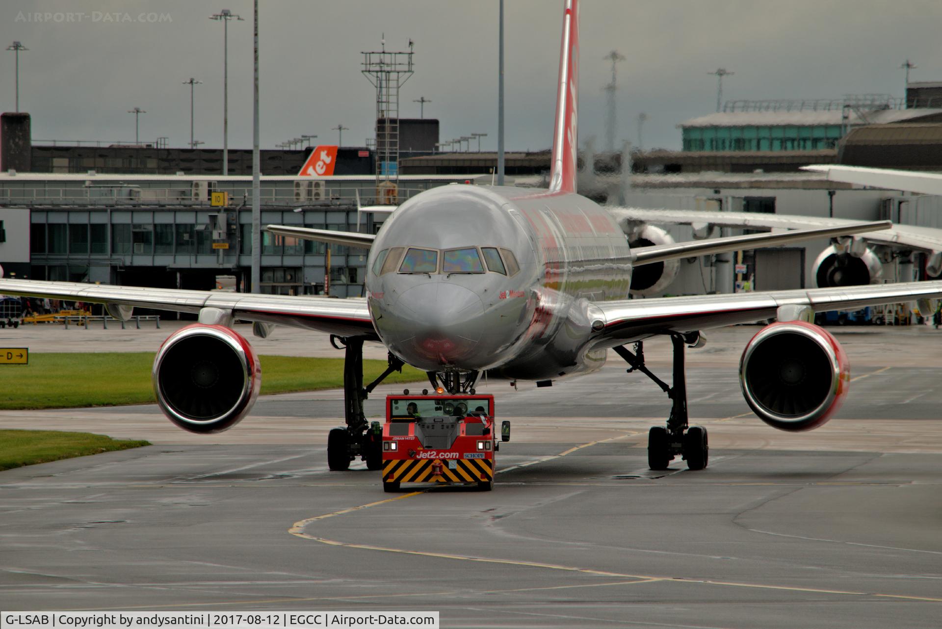 G-LSAB, 1988 Boeing 757-27B C/N 24136, under tow by the JET2 tug