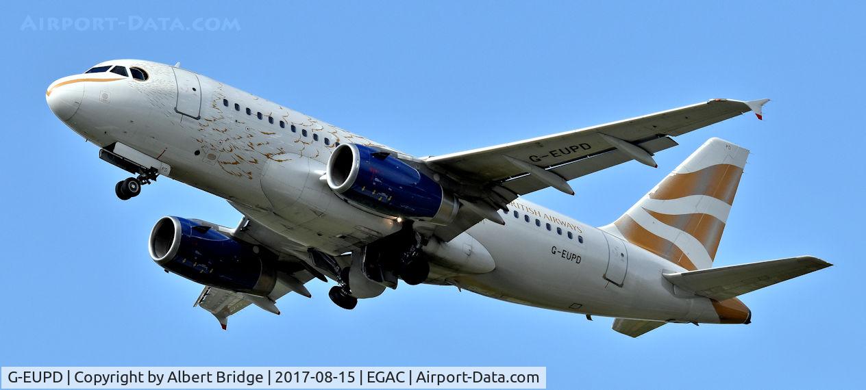 G-EUPD, 1999 Airbus A319-131 C/N 1142, Belfast City.  British Airways G-EUPD departing to Heathrow.