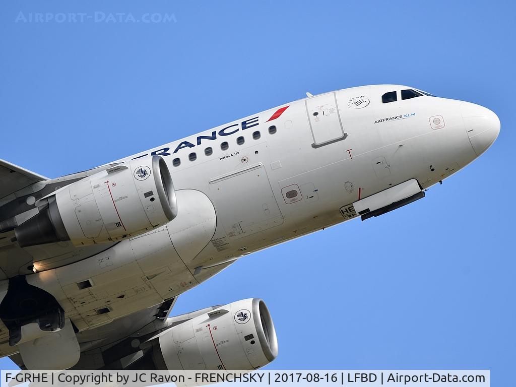 F-GRHE, 1999 Airbus A319-111 C/N 1020, A53285 take off runway 23 destination Marseille Provence airport