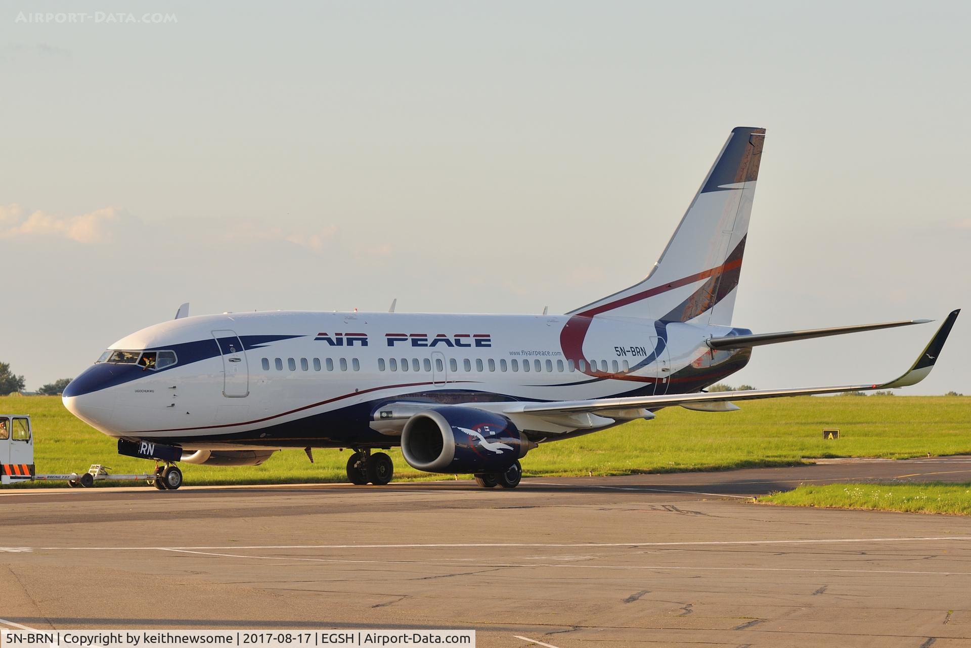 5N-BRN, 1992 Boeing 737-528 C/N 25234, Removed from spray shop, parked at stand six for the night.