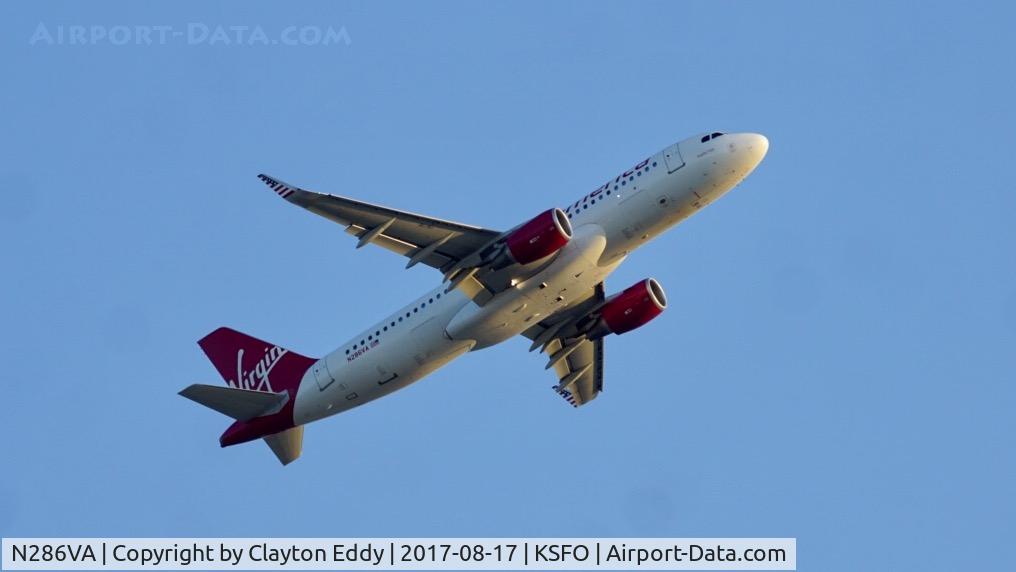 N286VA, 2015 Airbus A320-214 C/N 6939, Departing SFO on 28L. 2017.