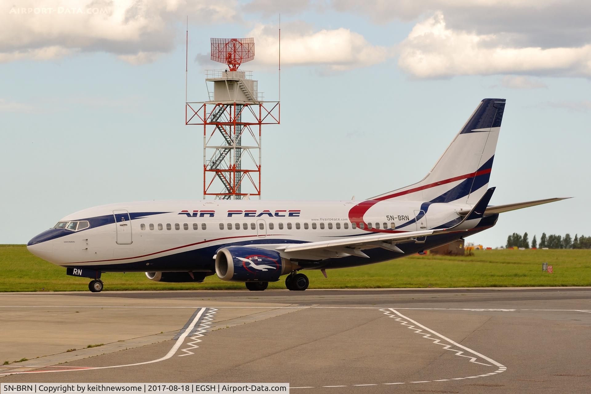 5N-BRN, 1992 Boeing 737-528 C/N 25234, Preparing to leave Norwich.