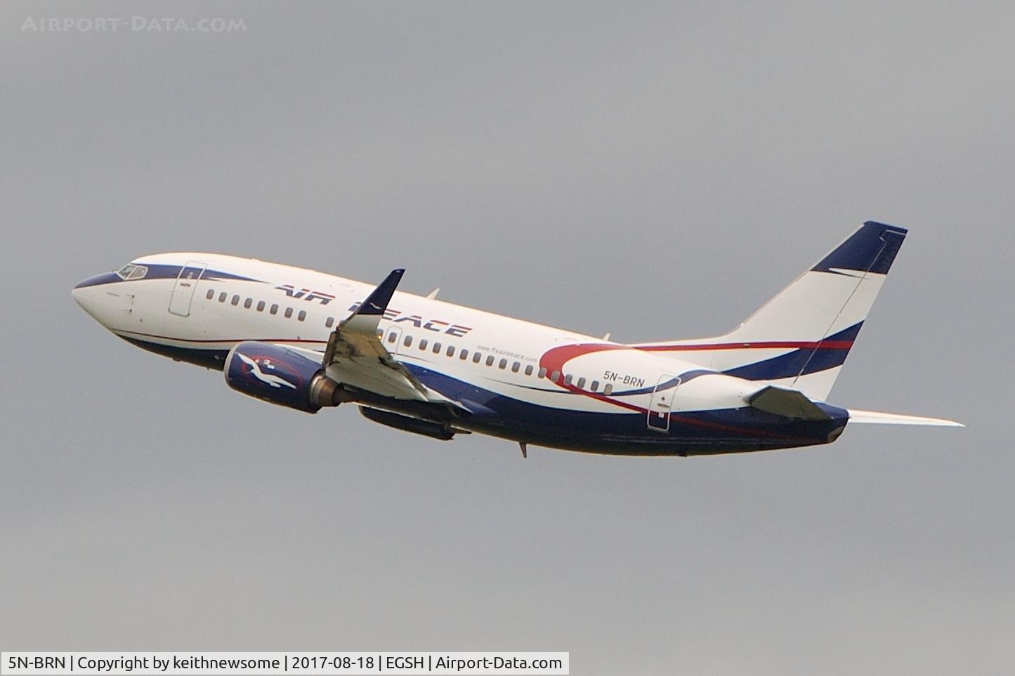 5N-BRN, 1992 Boeing 737-528 C/N 25234, Leaving Norwich.