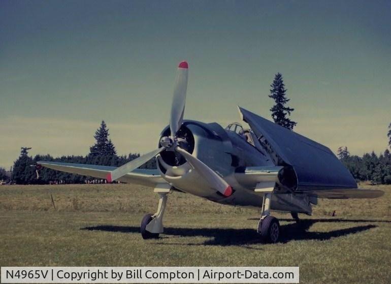 N4965V, Grumman F6F-3 Hellcat C/N 08825, At rest at Bill Compton's home airfield.
Canby,Oregon 1974.
