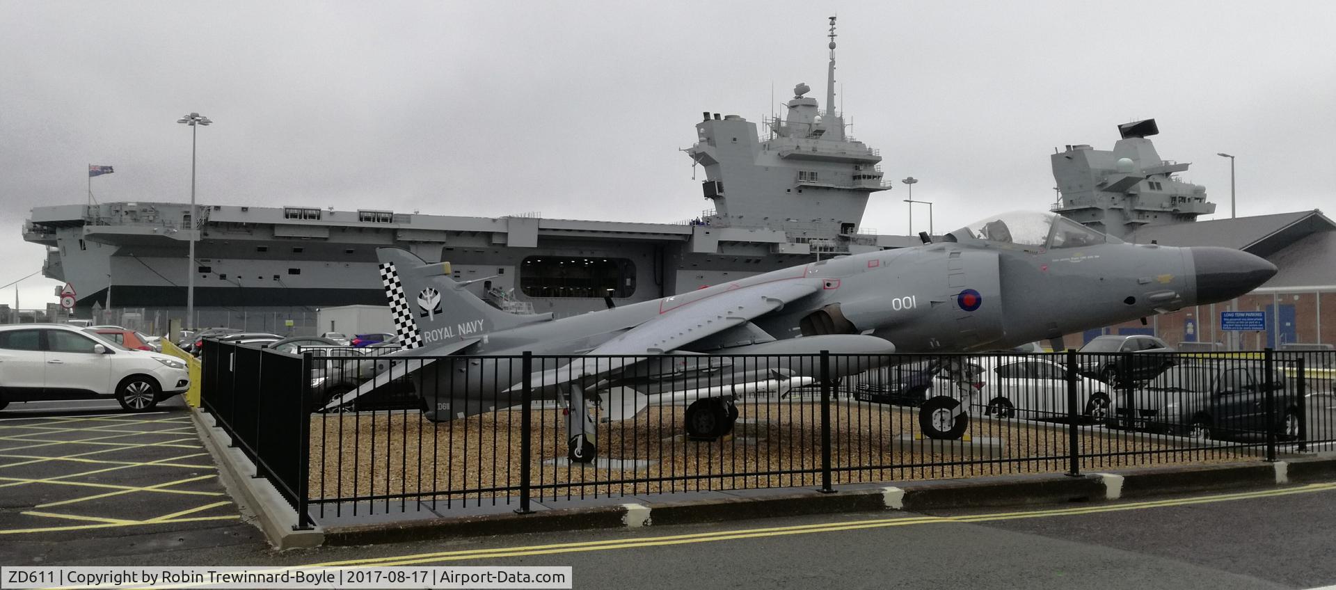 ZD611, 1985 British Aerospace Sea Harrier F/A.2 C/N 41H-912050/B44/P15, Now positioned next to Princess Royal Jetty at HM Naval Base Portsmouth.