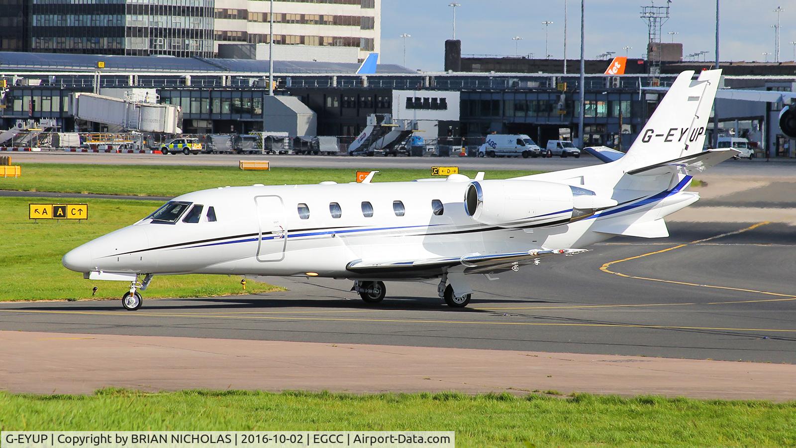 G-EYUP, 2012 Cessna 560XL Citation XLS+ C/N 560-6116, Arriving at Ocean Sky stand, at Manchester UK.