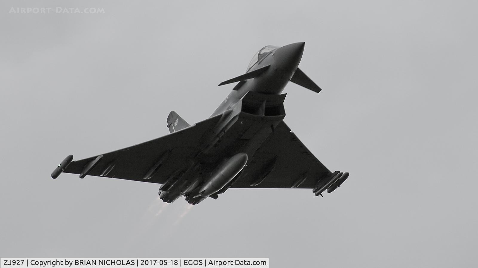ZJ927, 2006 Eurofighter EF-2000 Typhoon FGR4 C/N 0089/BS018, Leaving RAF Shawbury UK on a dark day.