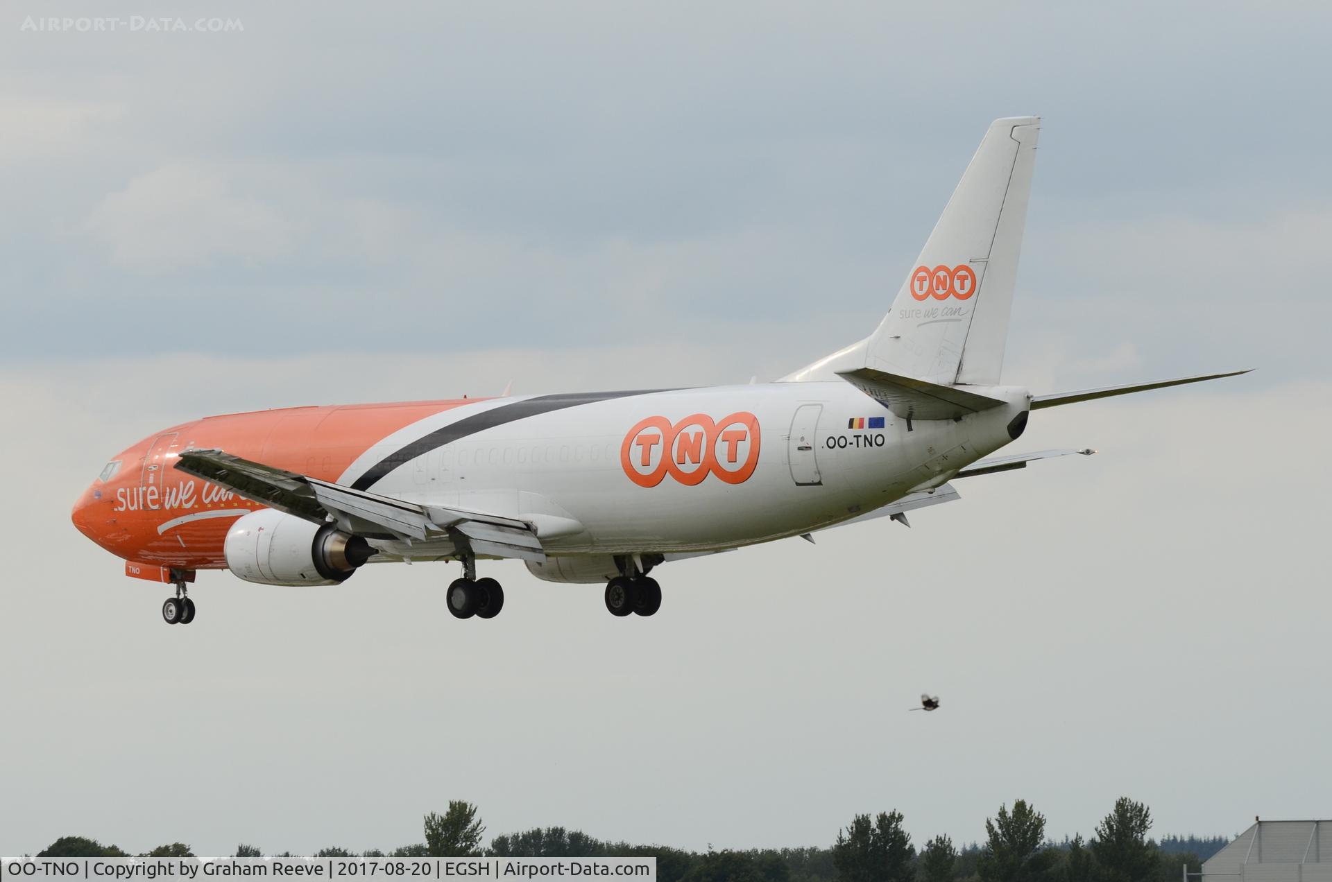 OO-TNO, 1997 Boeing 737-49R C/N 28881, Landing at Norwich.