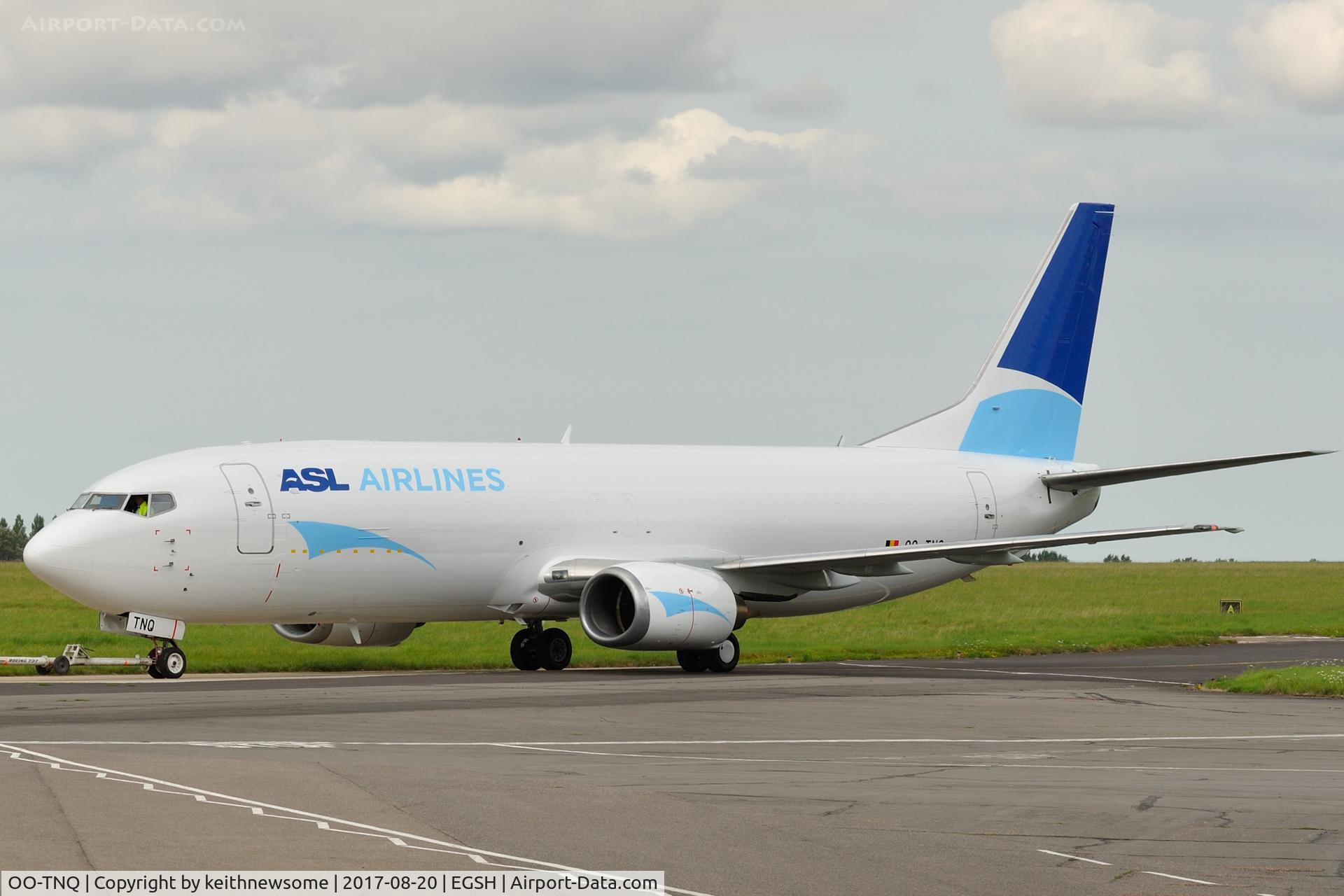 OO-TNQ, 1998 Boeing 737-4M0 C/N 29205, Towed from spray shop in different ASL Airlines colour scheme.