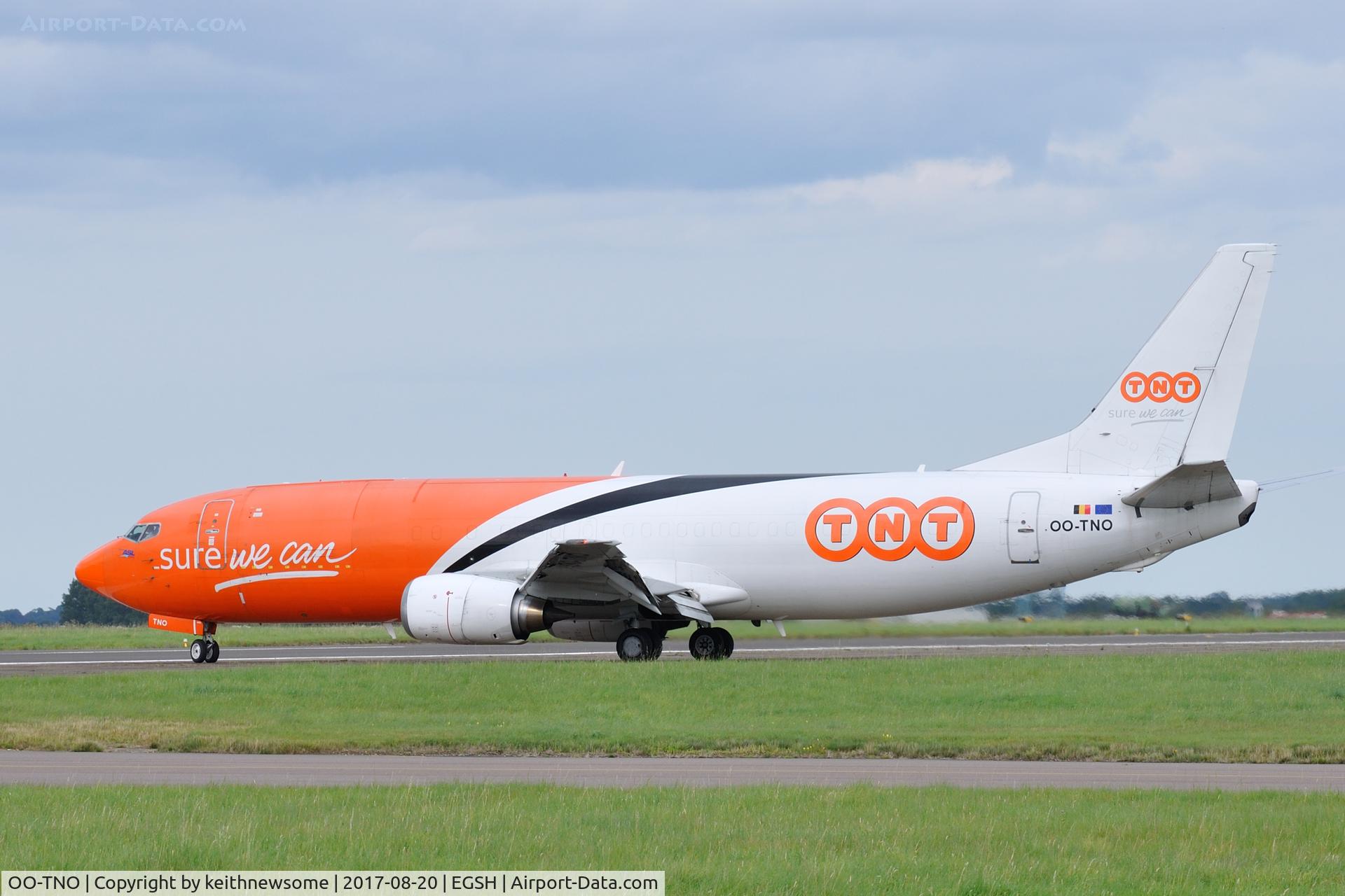 OO-TNO, 1997 Boeing 737-49R C/N 28881, Arriving at Norwich for paintwork.