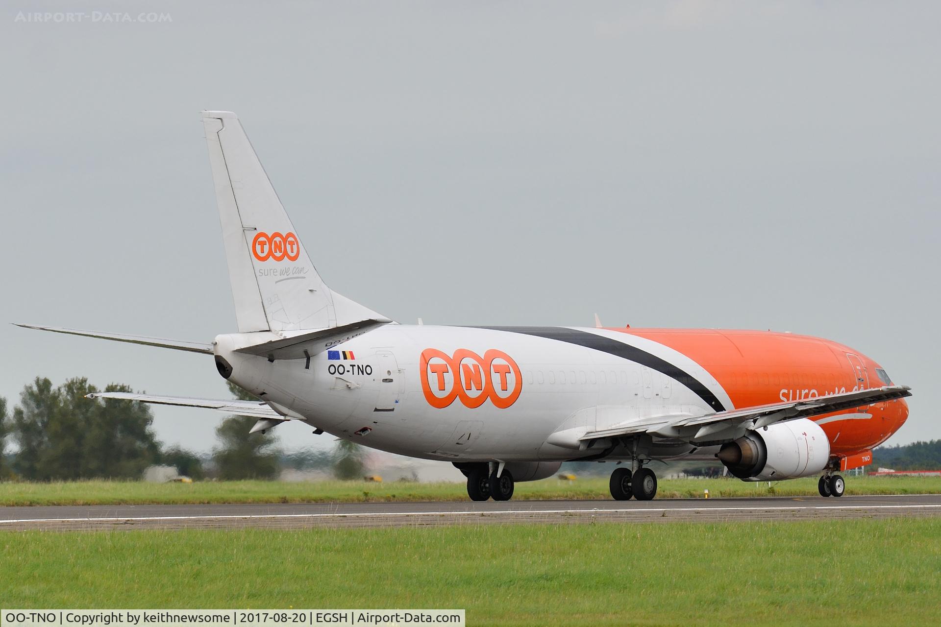 OO-TNO, 1997 Boeing 737-49R C/N 28881, Arriving at Norwich for paintwork.