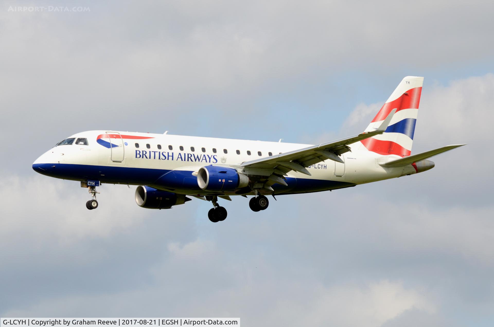 G-LCYH, 2009 Embraer 170STD (ERJ-170-100STD) C/N 17000302, Landing at Norwich.