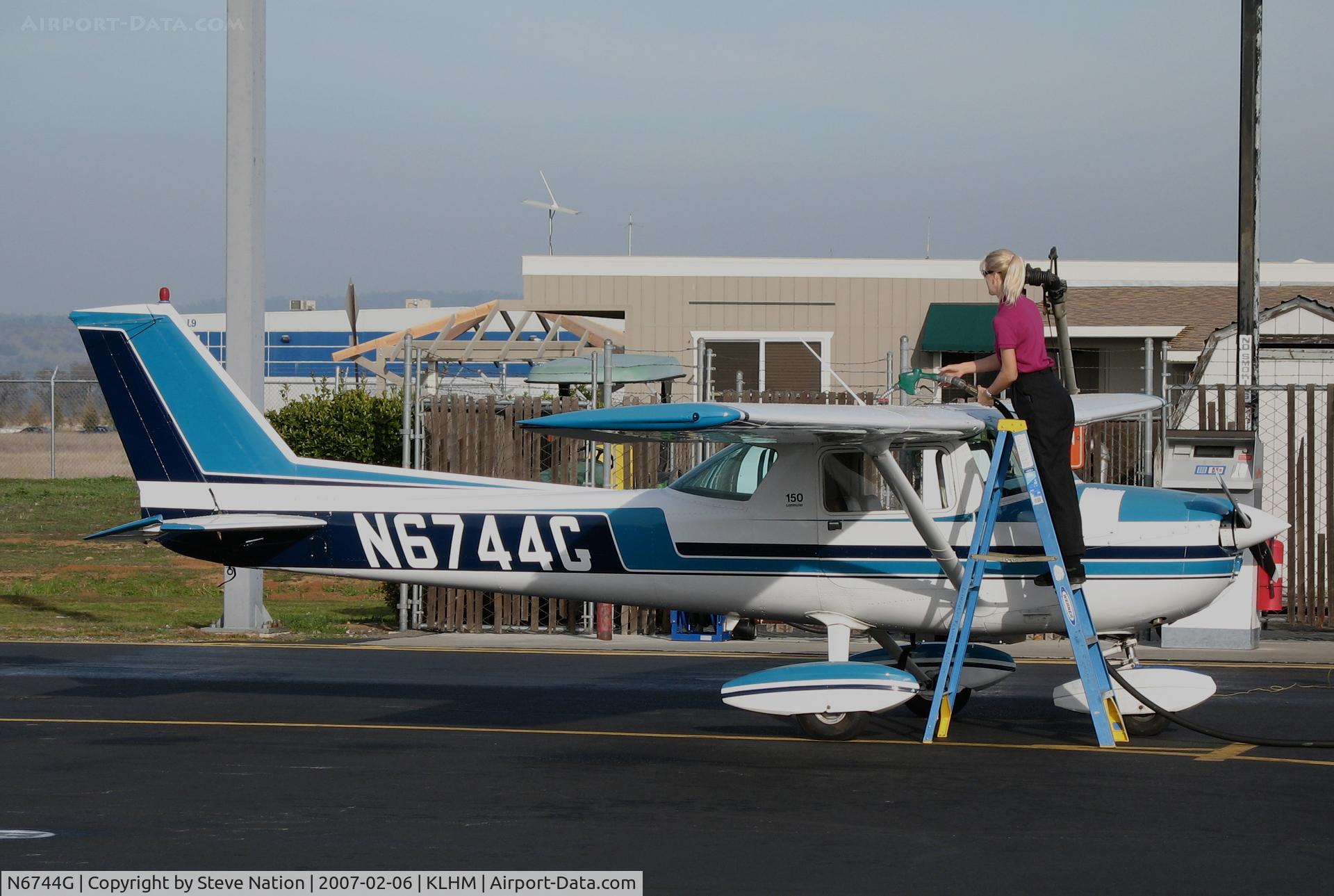 N6744G, 1970 Cessna 150L C/N 15072244, 1970 Cessna 150L gassing up for return flight to Grass Valley (KGOO), CA home base @ Lincoln Regional Airport (Karl Harder Field), CA