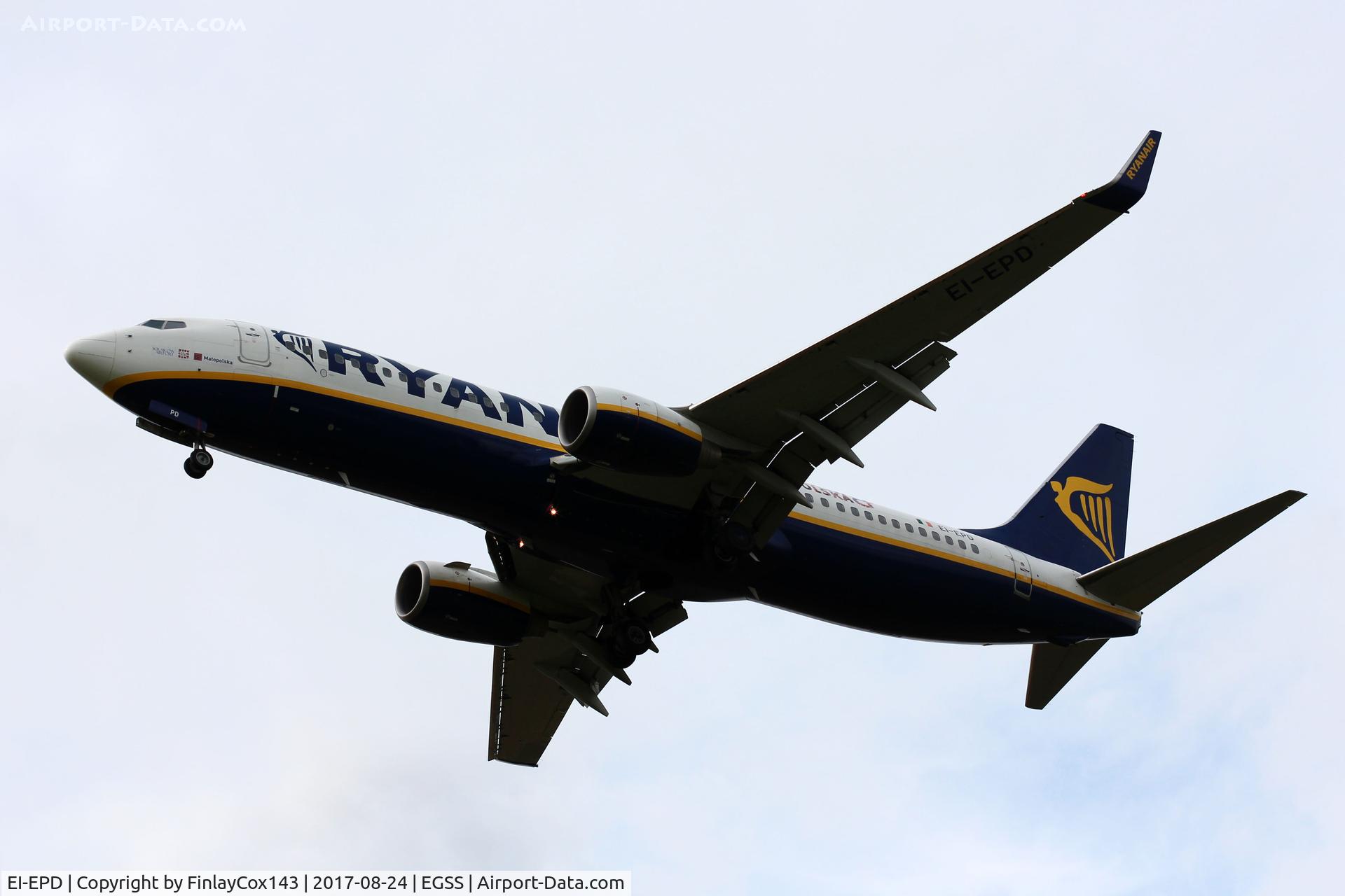 EI-EPD, 2011 Boeing 737-8AS C/N 40310, Landing at London Stansted (STN) from Malaga (AGP) as FR8944