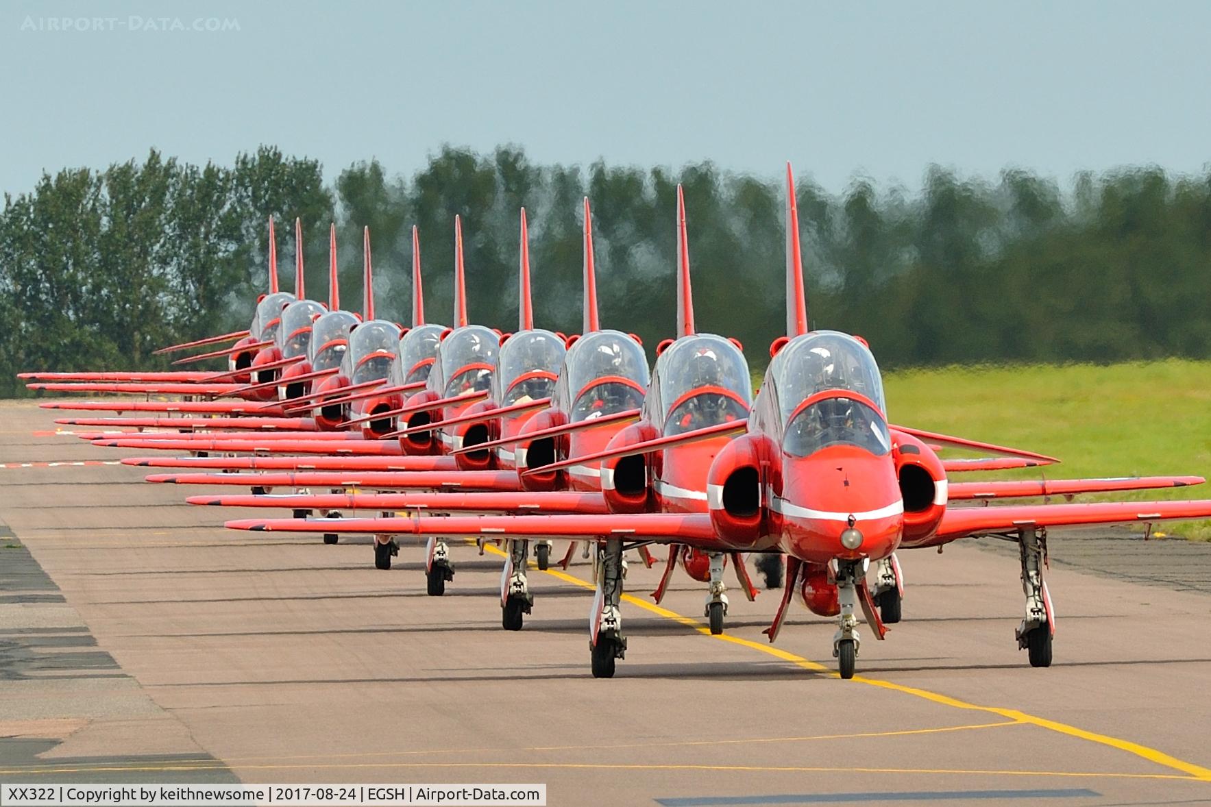 XX322, 1980 Hawker Siddeley Hawk T.1A C/N 165/312147, Leading the Red Arrows in line astern.