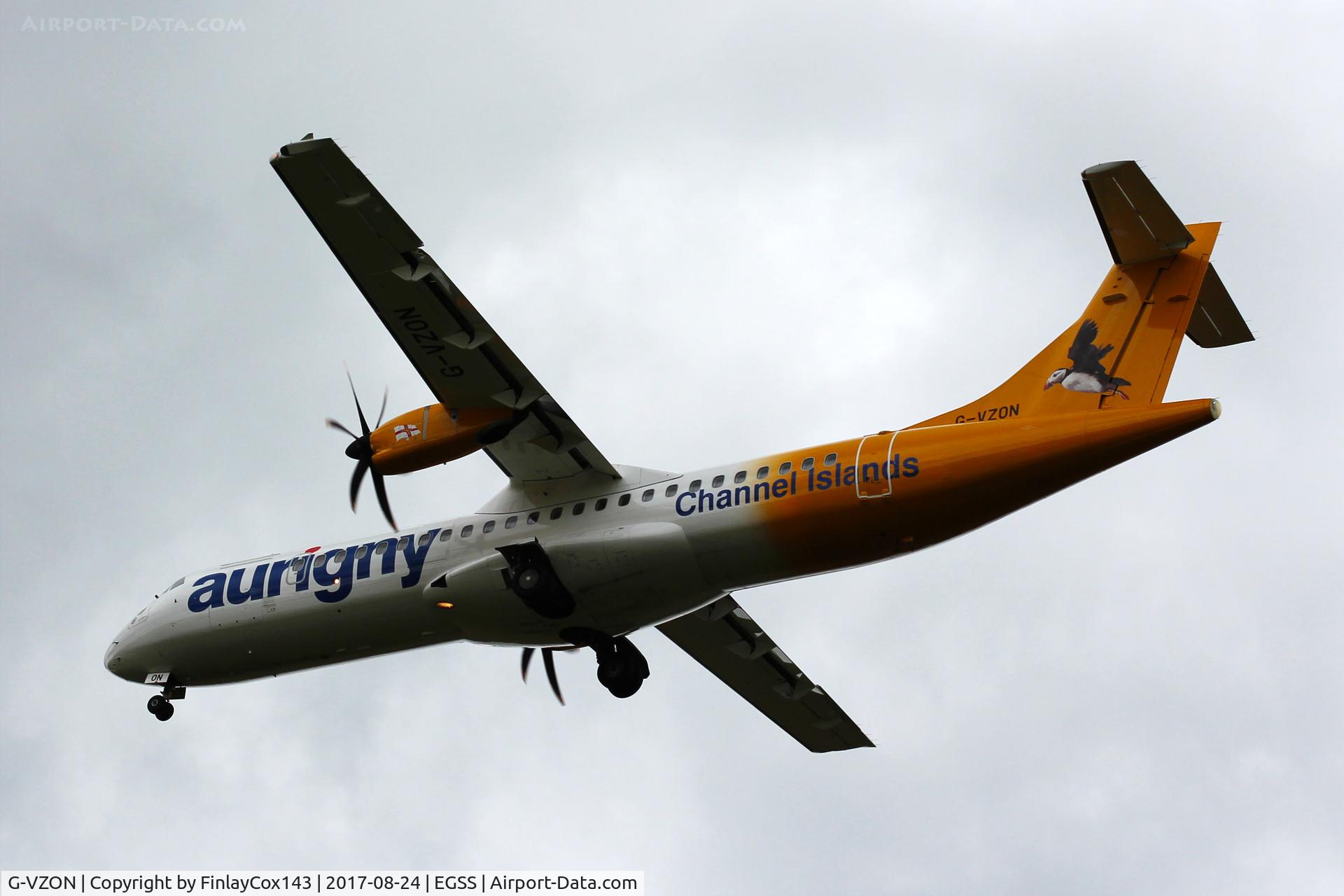 G-VZON, 2009 ATR 72-212A C/N 853, Landing at London Stansted (STN) from Guernsey (GCI) as GR626