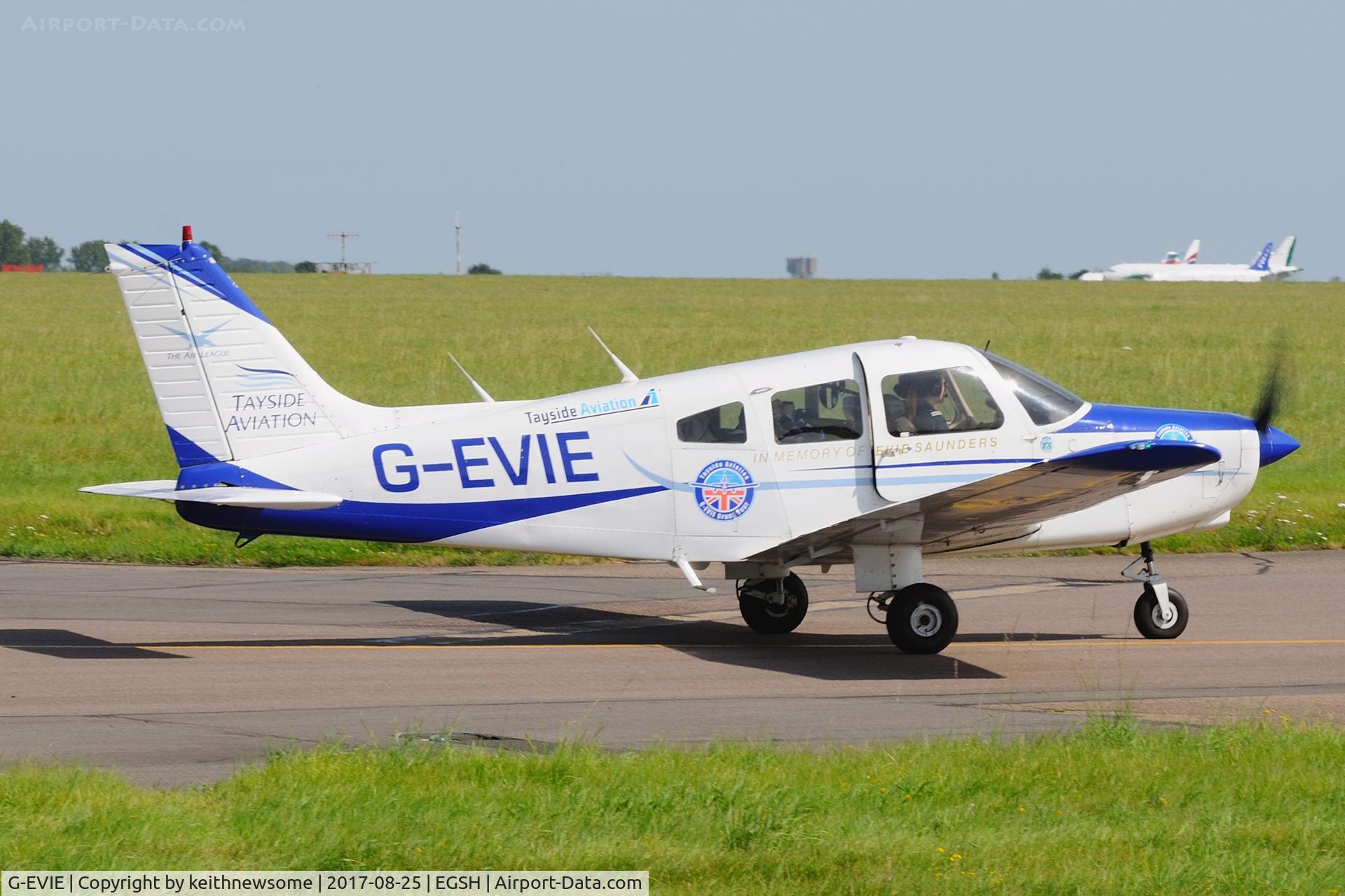 G-EVIE, 1983 Piper PA-28-161 Cherokee Warrior II C/N 28-8316043, Leaving Norwich.