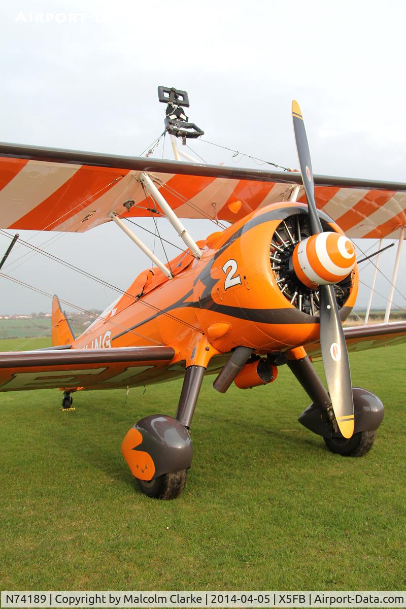 N74189, 1941 Boeing PT-17/R985 Kaydet (A75N1) C/N 75-717, Boeing PT-17/R985 at Fishburn Airfield, UK. April 5th 2014.