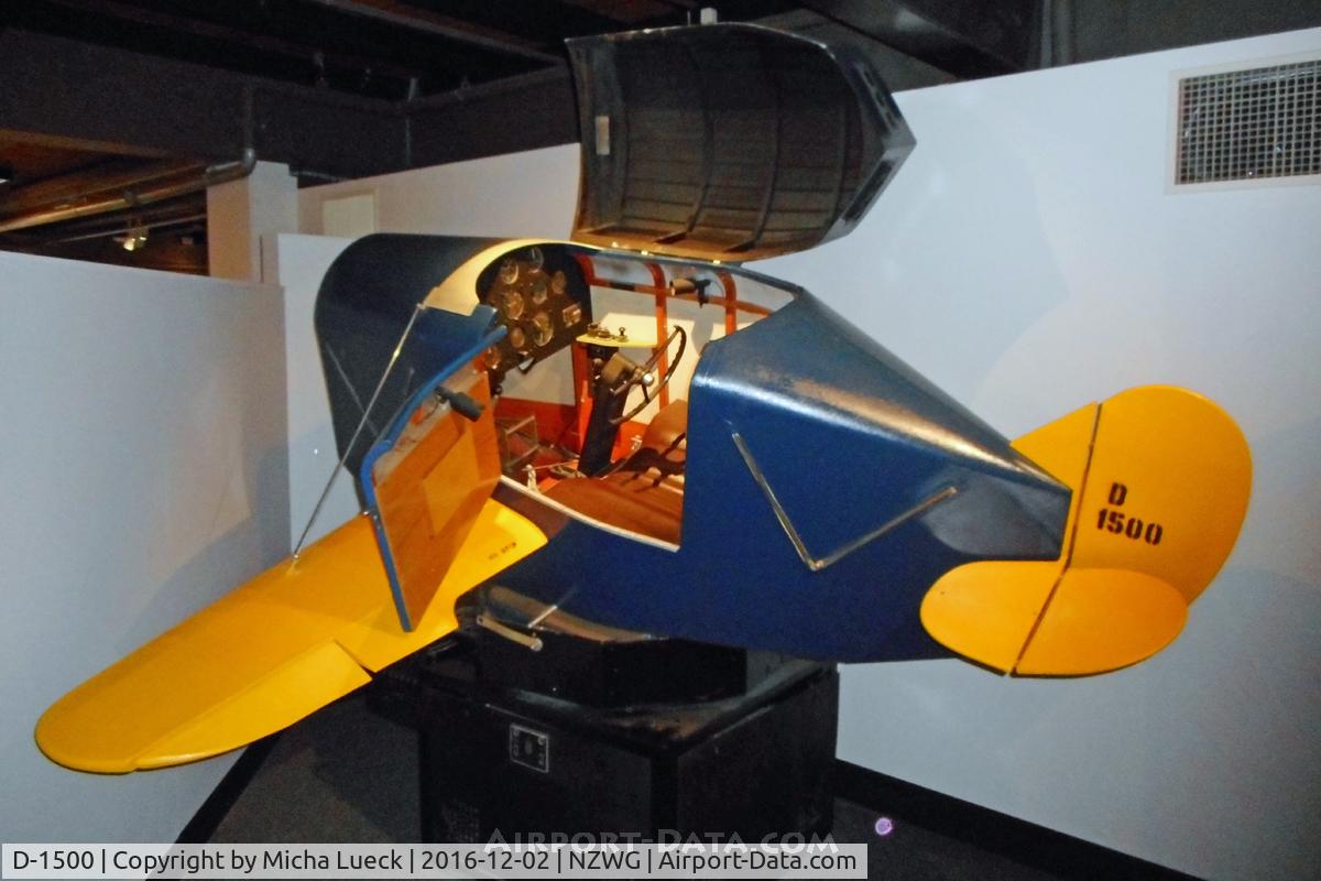 D-1500, Links ANT-18 C/N 0000, Link Flight Trainer, one of the first simulators. This is an ANT-18 (Army, Navy Trainer Model), preserved at the Air Force Museum in Christchurch