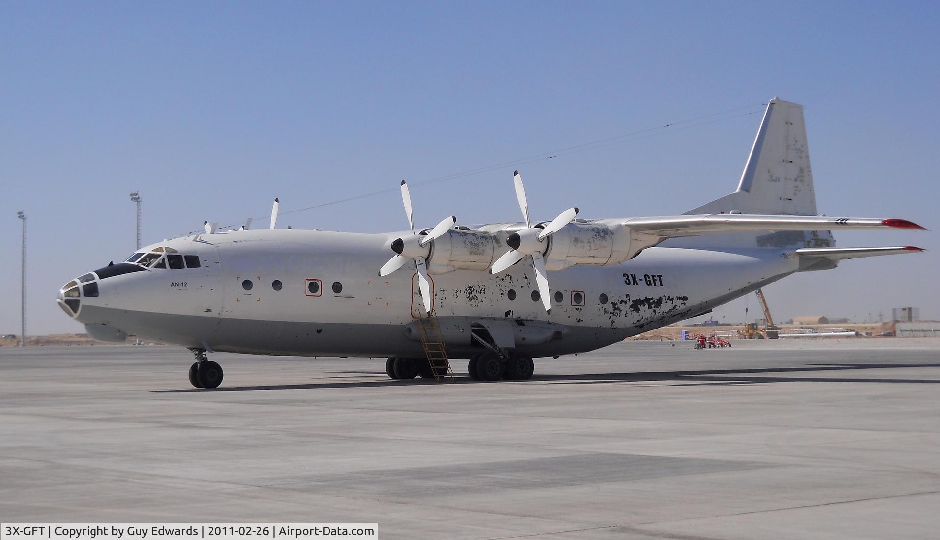 3X-GFT, Antonov An-12BP C/N 9346308, 3X-GFT on 26 Feb 2011 at Bastion Airfield, Afghanistan.