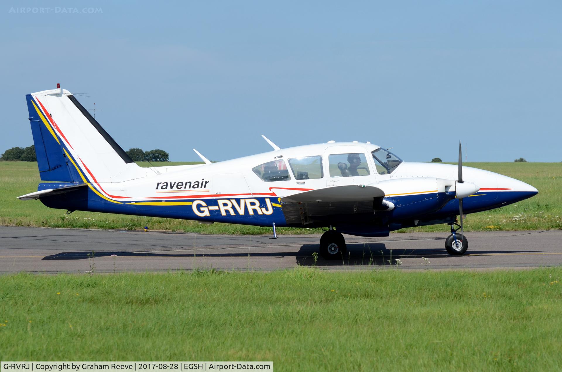 G-RVRJ, 1973 Piper PA-23-250 Aztec E C/N 27-7305004, Departing from Norwich.