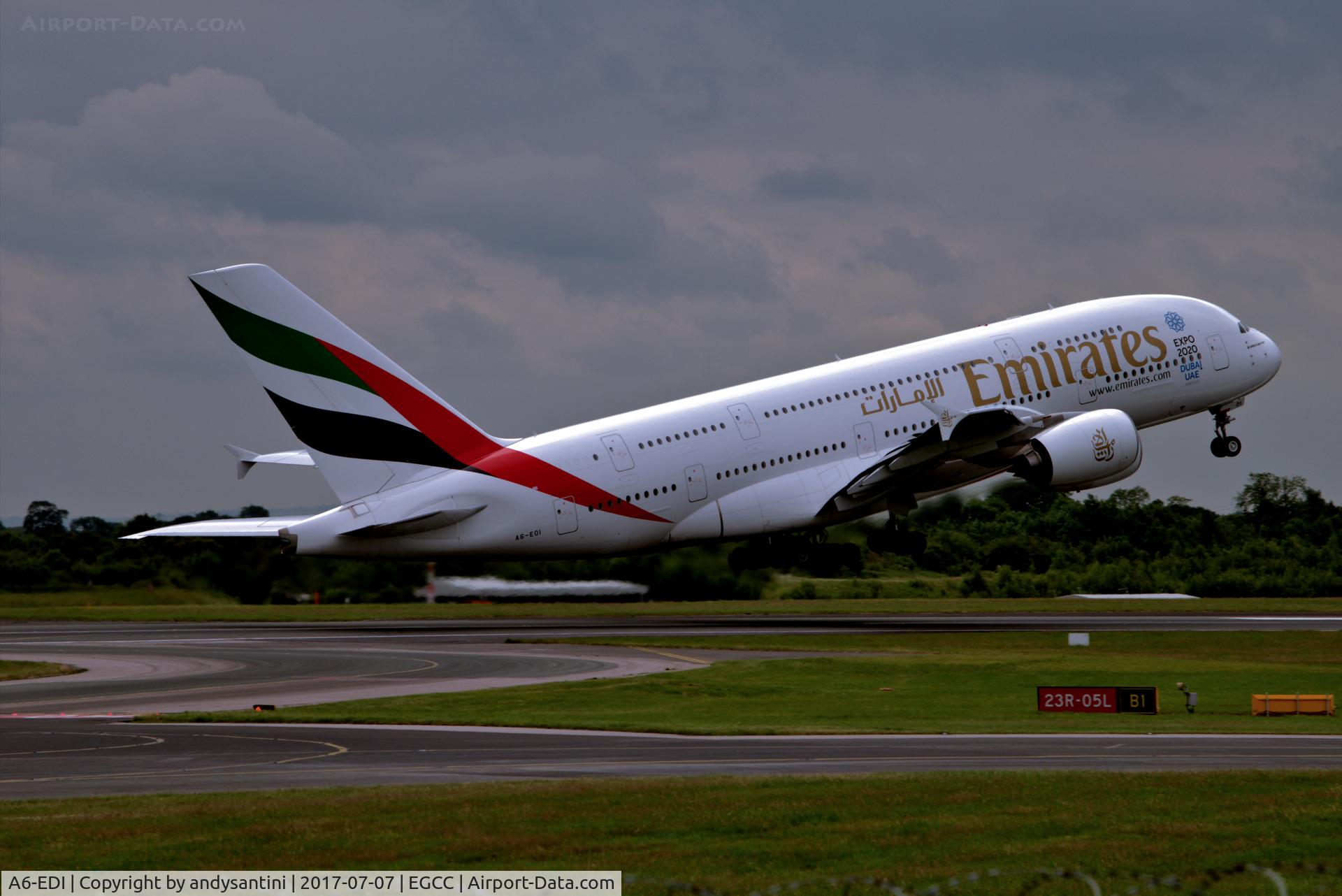 A6-EDI, 2009 Airbus A380-861 C/N 028, just taken off from egcc