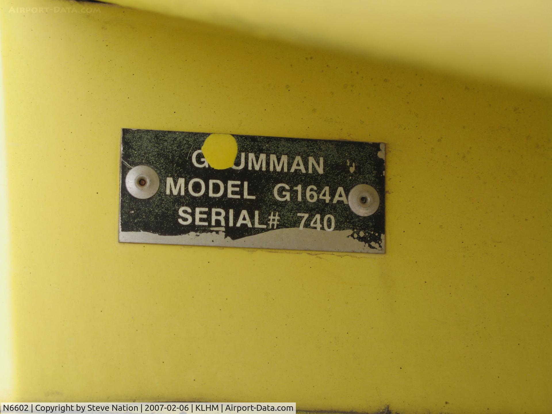 N6602, 1970 Grumman G-164A C/N 740, Derelict ex K + K Dusters 1970 Grumman G-164A Ag Cat CLOSE-UP of manufacturer's data plate @ Lincoln Regional Airport (Karl Harder Field), CA