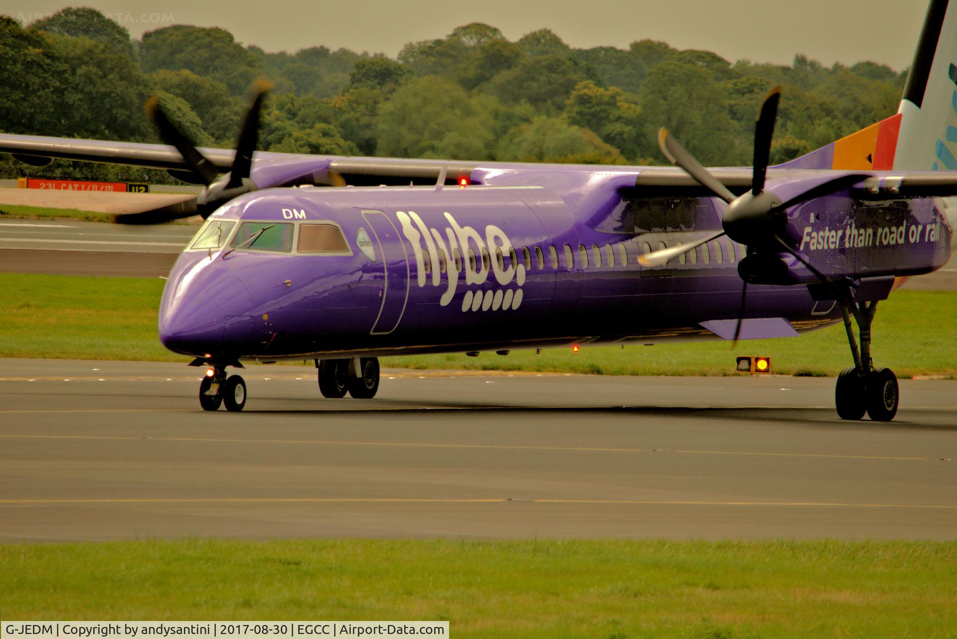 G-JEDM, 2003 De Havilland Canada DHC-8-402Q Dash 8 C/N 4077, just taxing off runway 23R now heading to its gate/stand