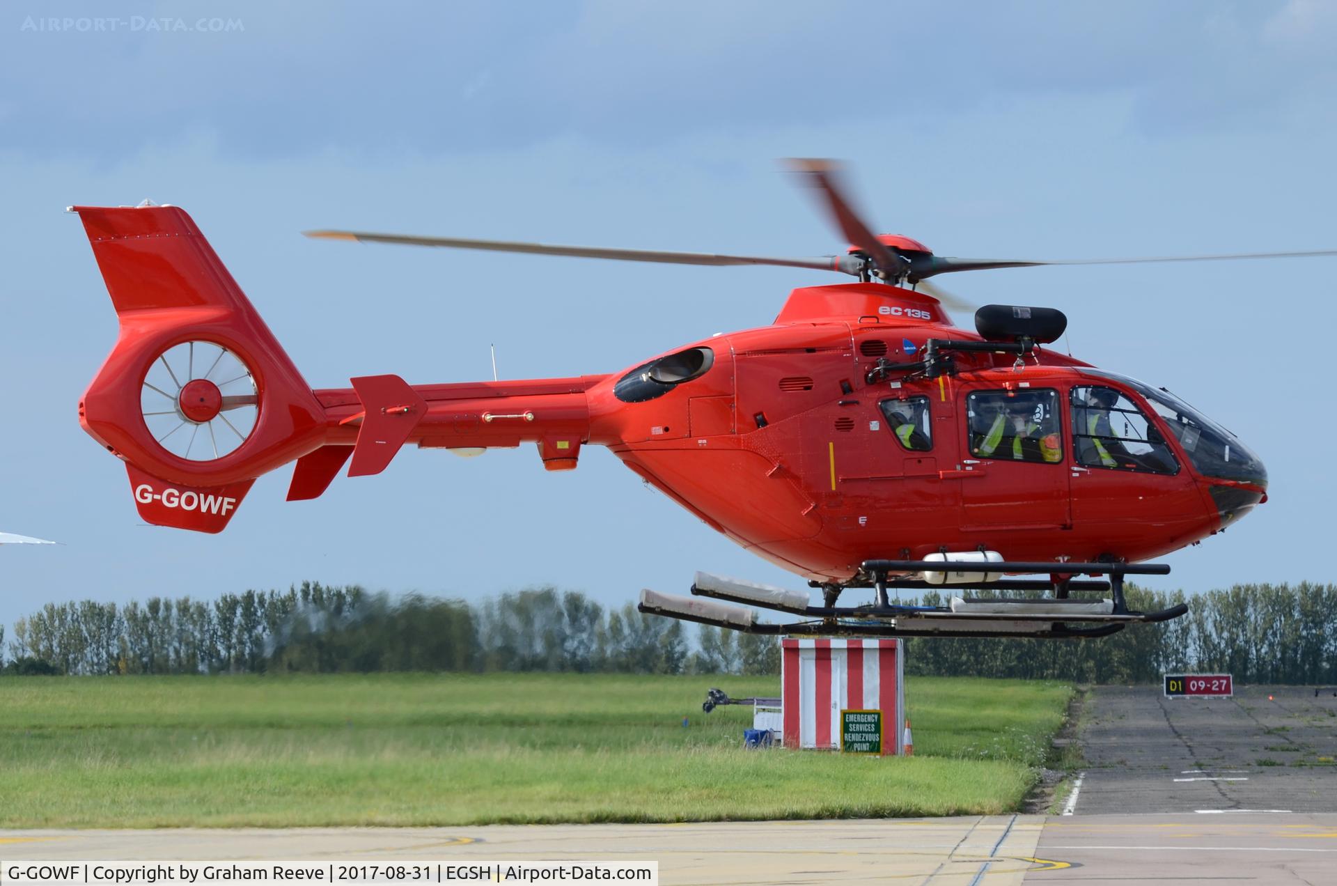 G-GOWF, 2009 Eurocopter EC-135T-2+ C/N 0785, Departing from Norwich.