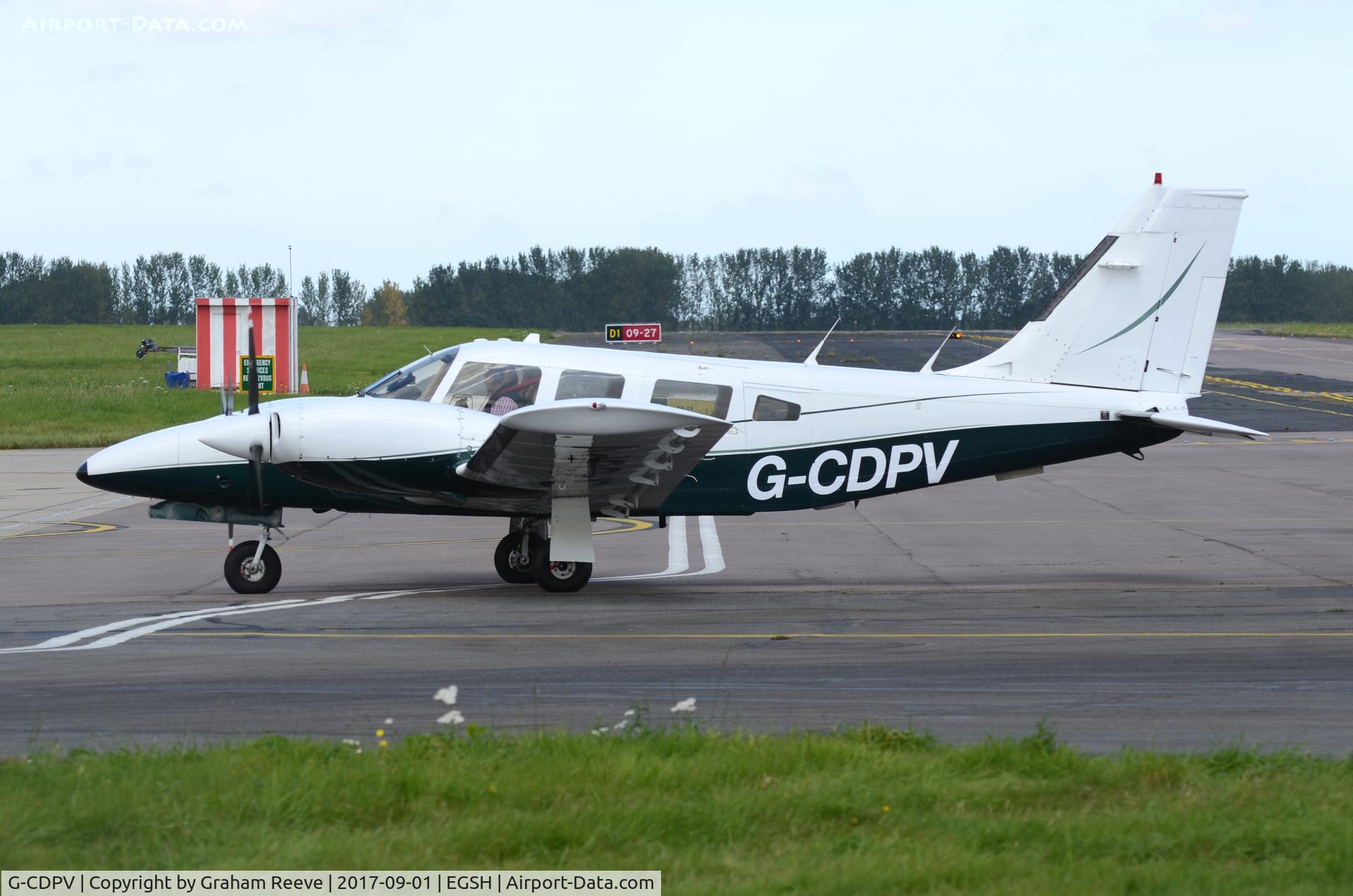 G-CDPV, 1980 Piper PA-34-200T Seneca II C/N 34-8070086, Just landed at Norwich.