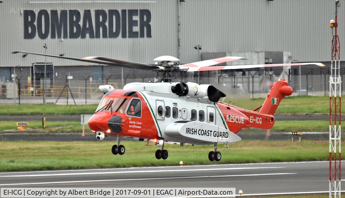 EI-ICG, 2011 Sikorsky S-92A C/N 920150, Belfast City.  Irish Coastguard EI-ICG departing after transferring a casualty to a waiting ambulance - possibly a mountain rescue.