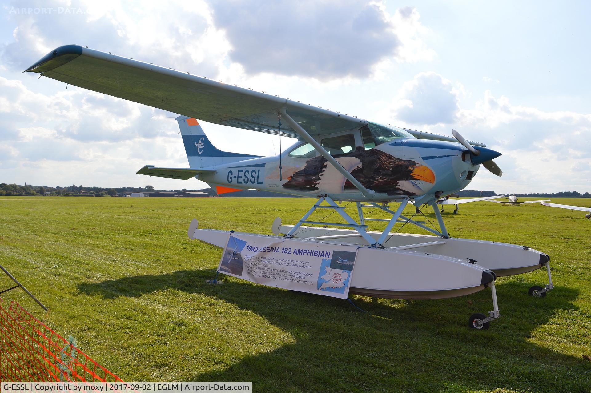 G-ESSL, 1981 Cessna 182R Skylane C/N 182-67947, Cessna 182R Floatplane at White Waltham. Explanatory note attached to starboard float.