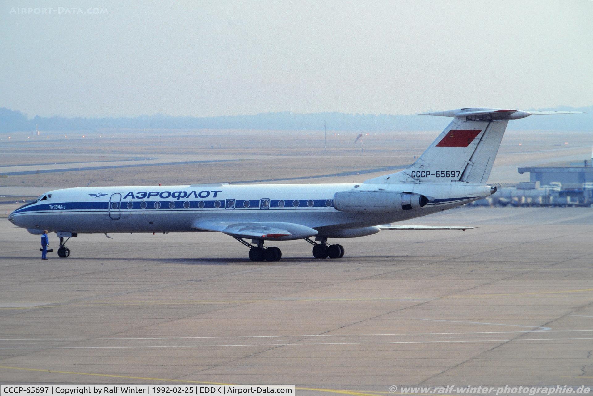 CCCP-65697, 1980 Tupolev Tu-134A-3 C/N 63307, Tupolev Tu-134A - Aeroflot - 63307 - CCCP-65697 - 25.02.1992 - CGN