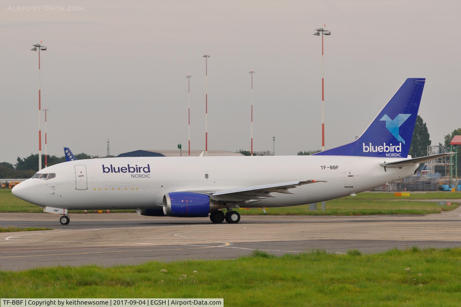 TF-BBF, 1992 Boeing 737-36E(SF) C/N 25264, Leaving Norwich, late evening, for Billund Denmark.