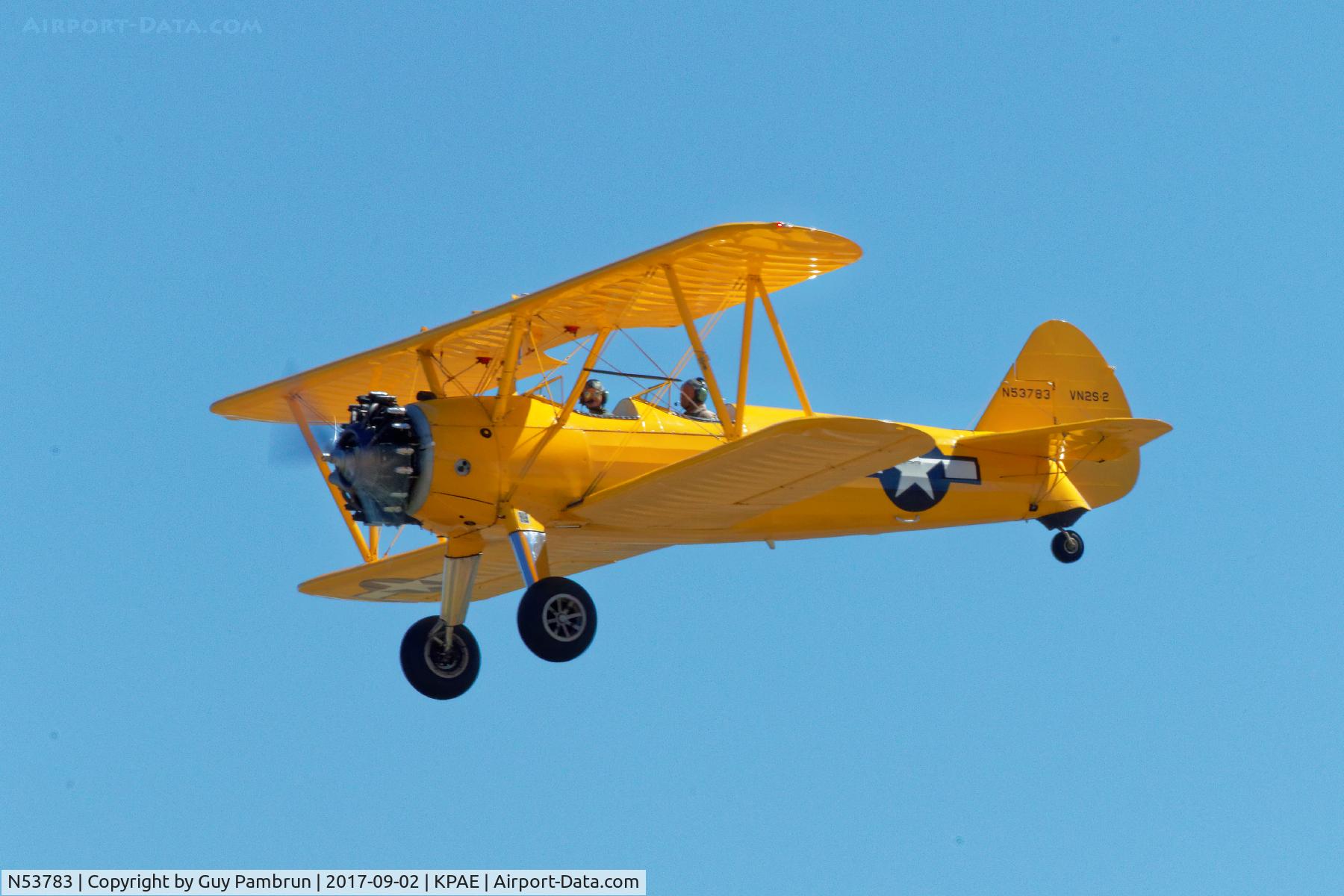N53783, 1941 Boeing A75 C/N 75-1685, Vintage Aircraft Weekend @ Historic Flight Foundation Payne Field, Mukilteo, WA Sept 2, 2017... If anyone knows the lady flying the aircraft please remind her she's failed to keep her promise and mail the funds for the full sized photograph she asked for 
